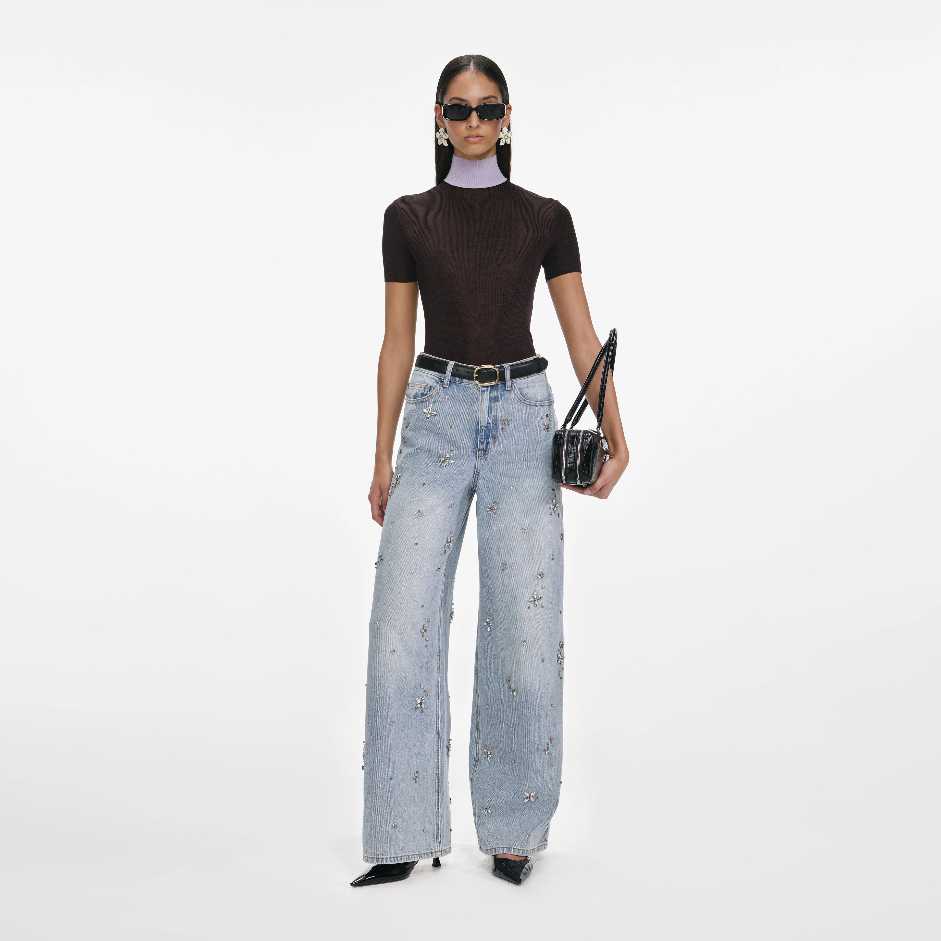 Light Blue Embellished Wide Leg Jeans