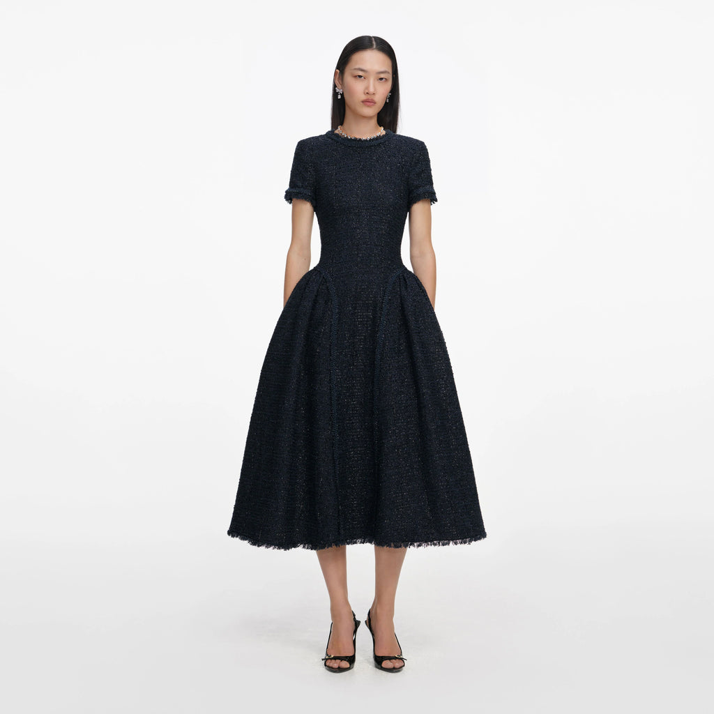 Navy Metallic Boucle Midi Dress