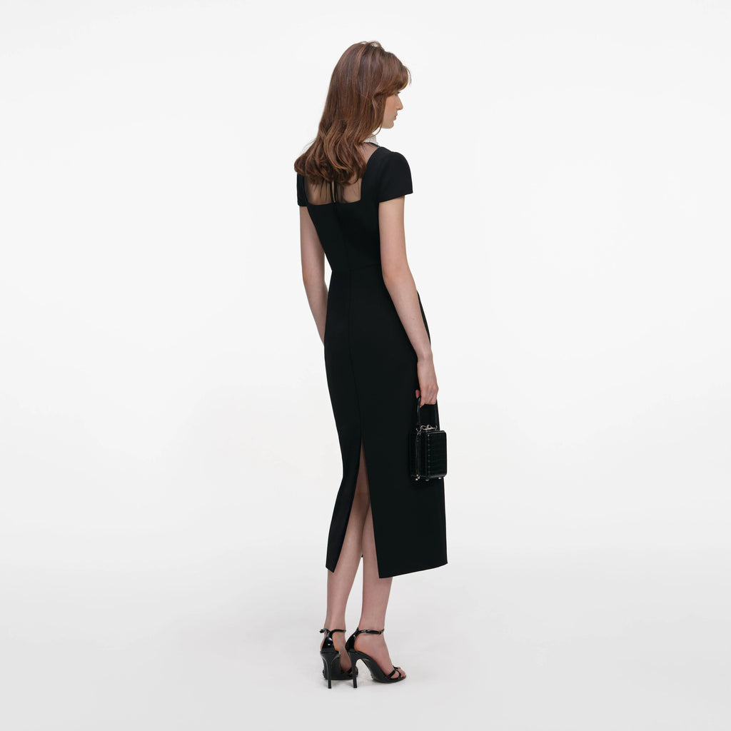 Black Crepe Bow Collar Midi Dress