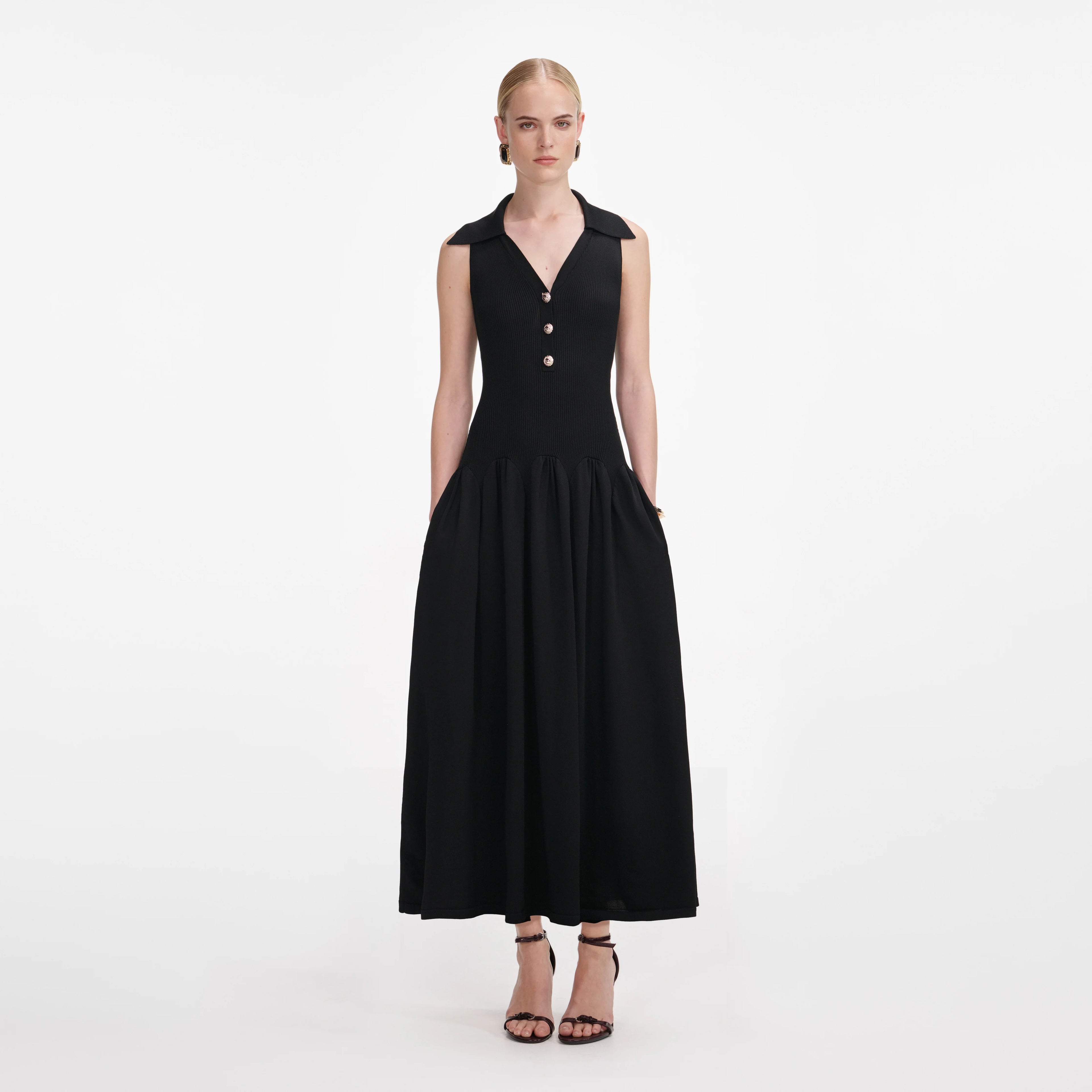 Black Ribbed Knit Midi Dress