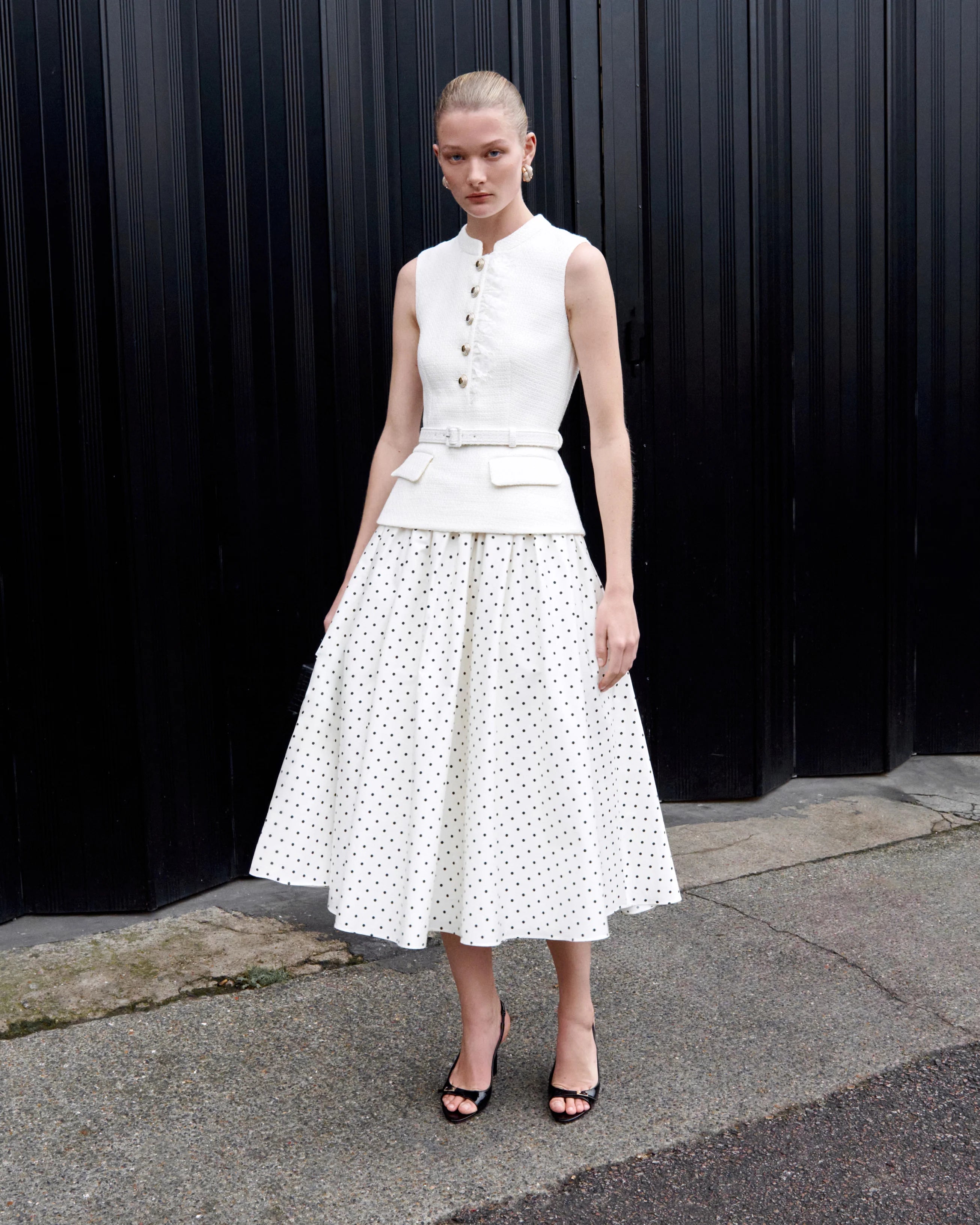 Cream Boucle Polka Dot Midi Dress