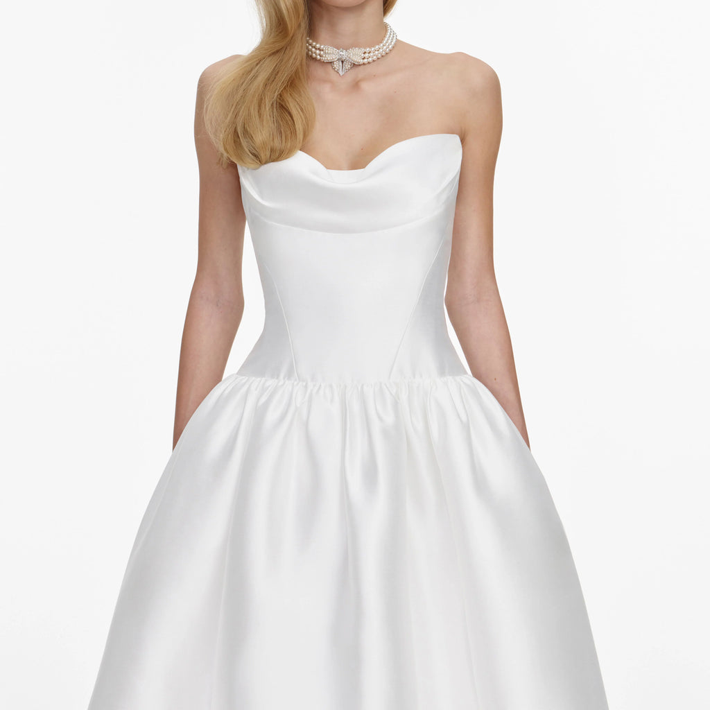 White Taffeta Strapless Midi Dress