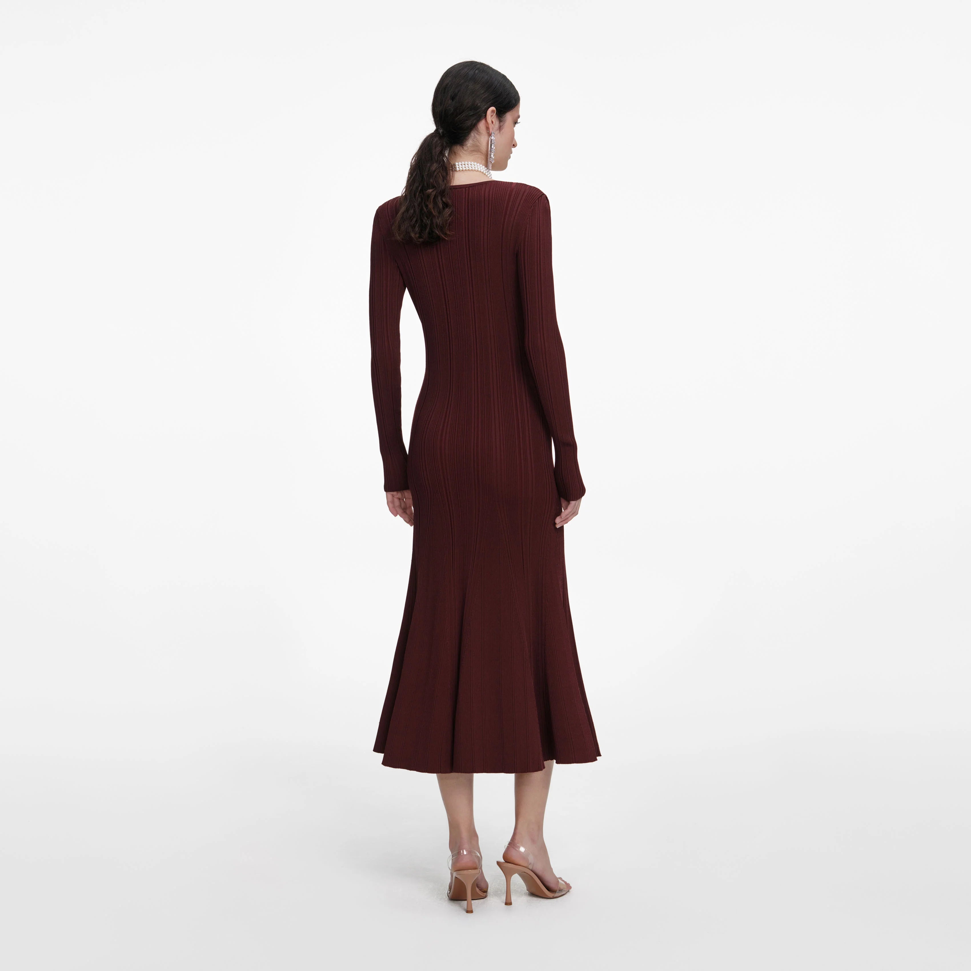Brown Contrast Lace Knit Midi Dress