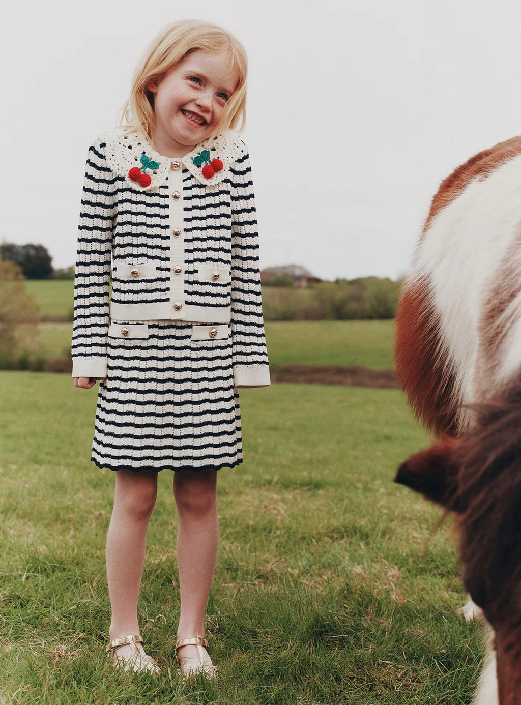 Cream And Navy Striped Knitted Skirt