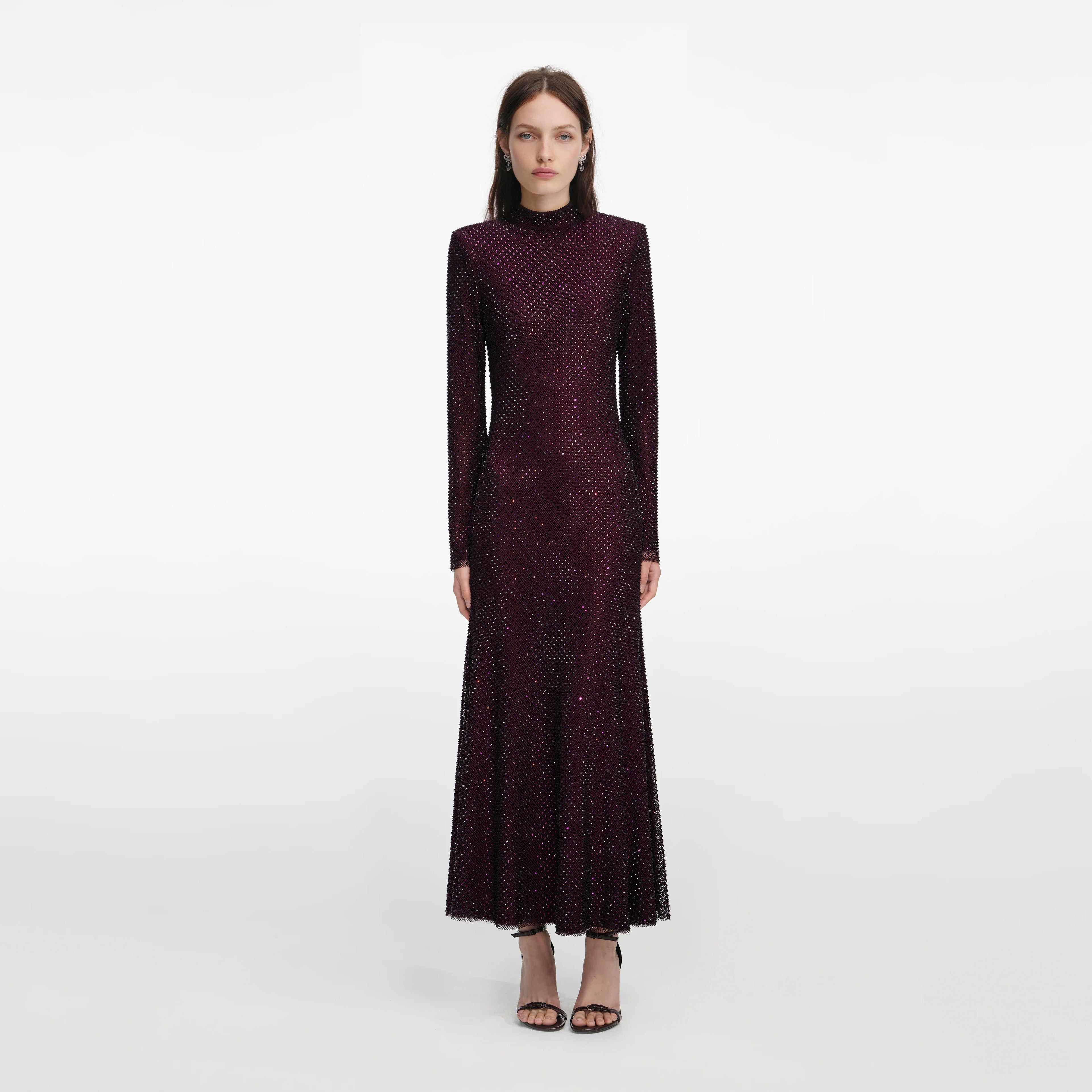 Burgundy Rhinestone Fishnet Midi Dress