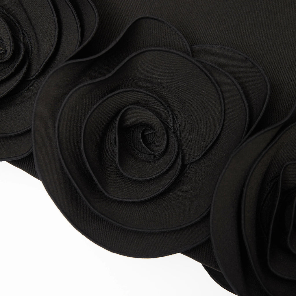 Black Crepe 3D Flower Mini Dress