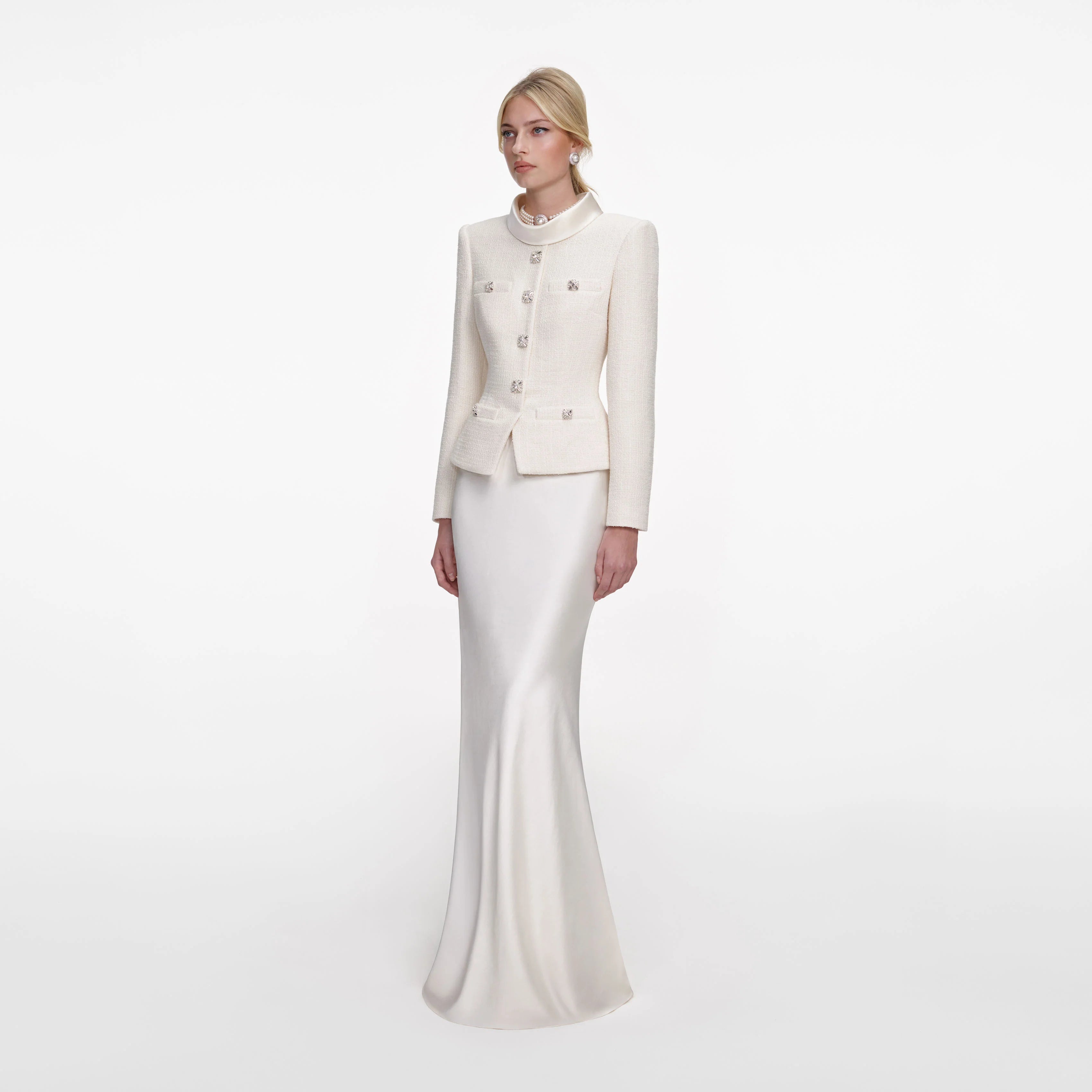Cream Boucle Collared Maxi Dress
