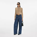 Blue Embellished Wide Leg Jeans
