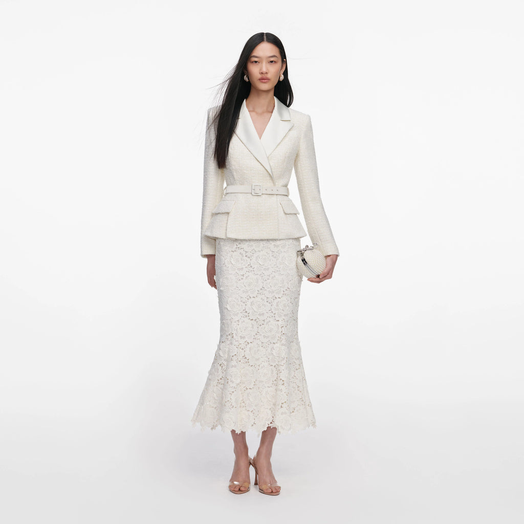 Cream Boucle Flower Lace Midi Dress