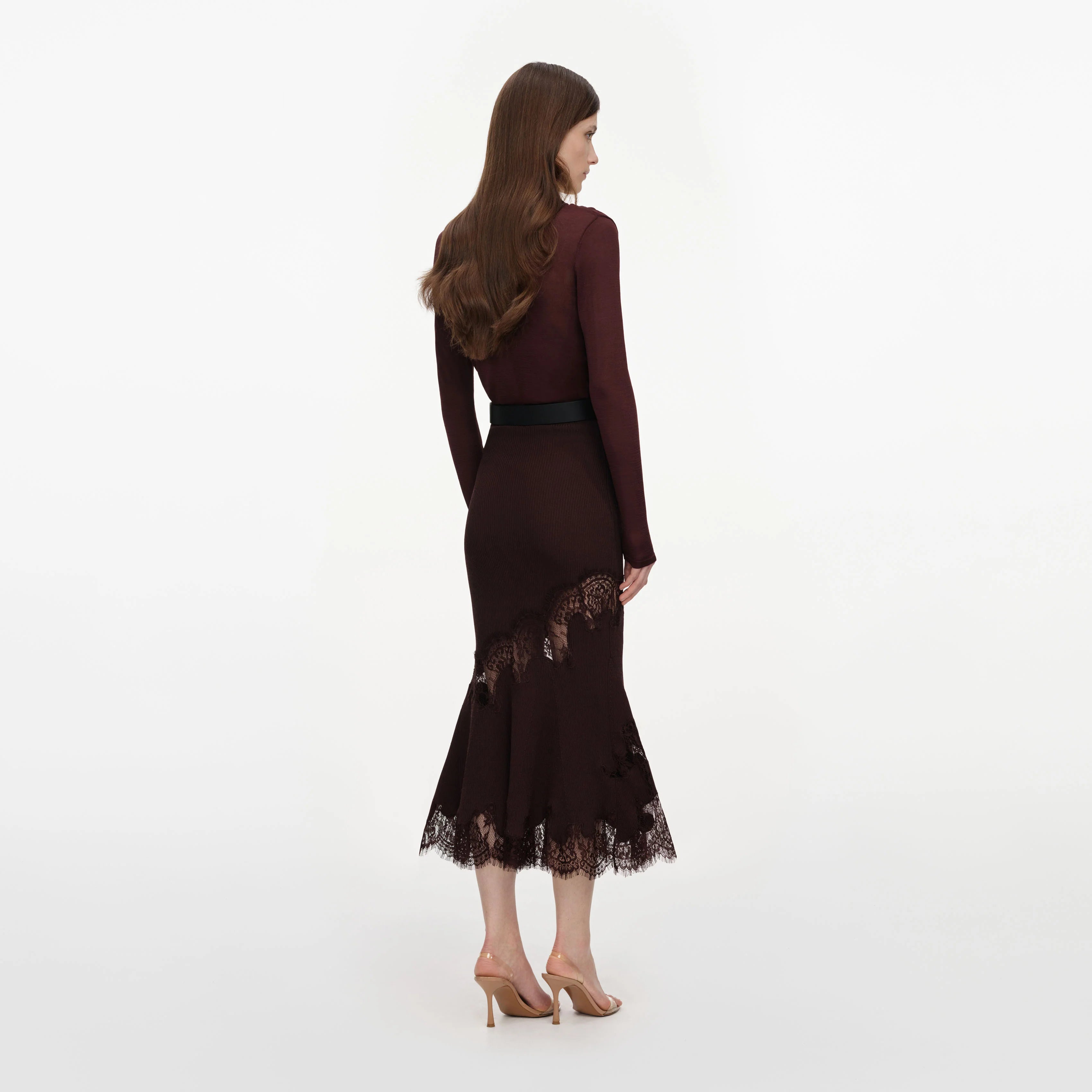 Brown Ribbed Knit Midi Skirt