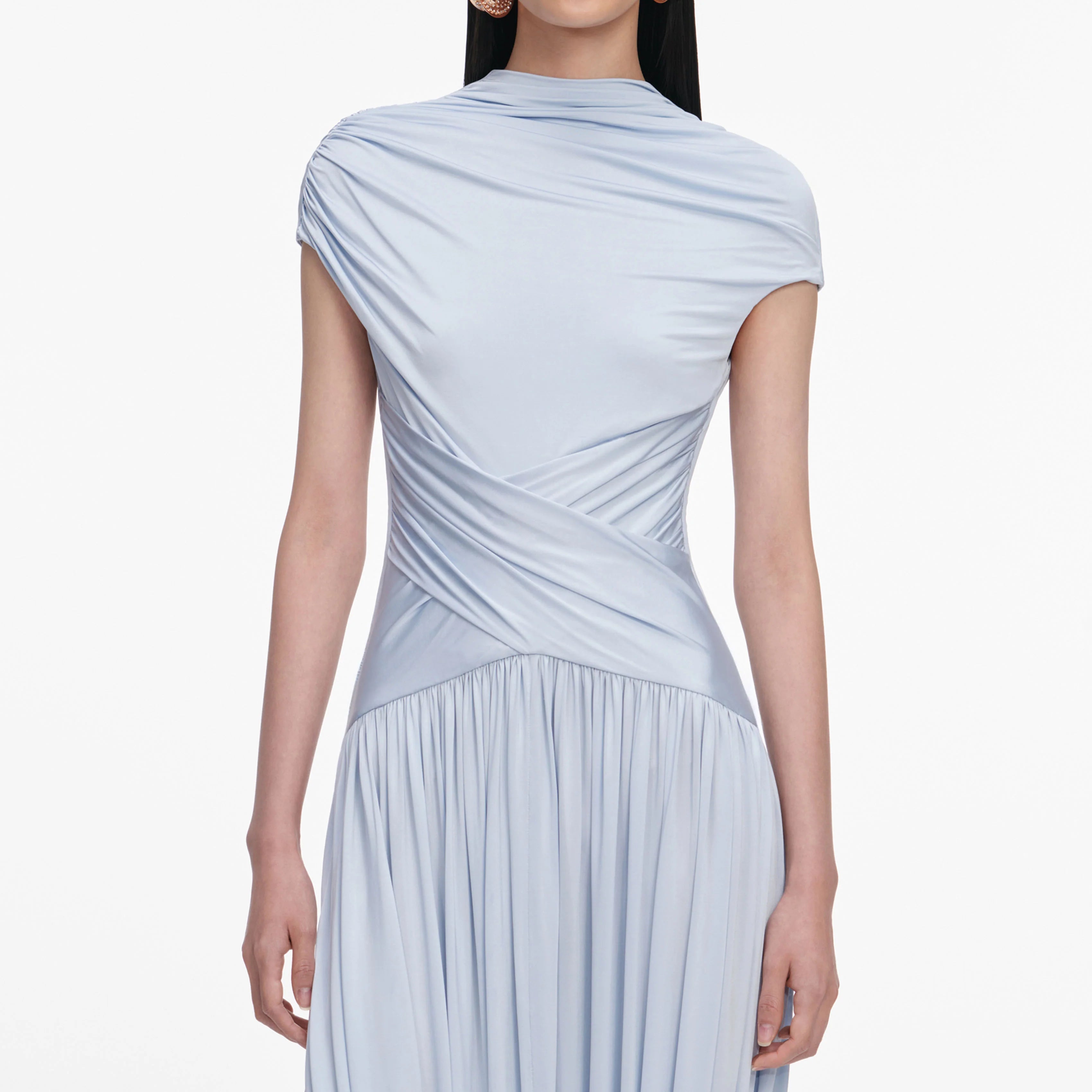 Blue Jersey Gathered Midi Dress