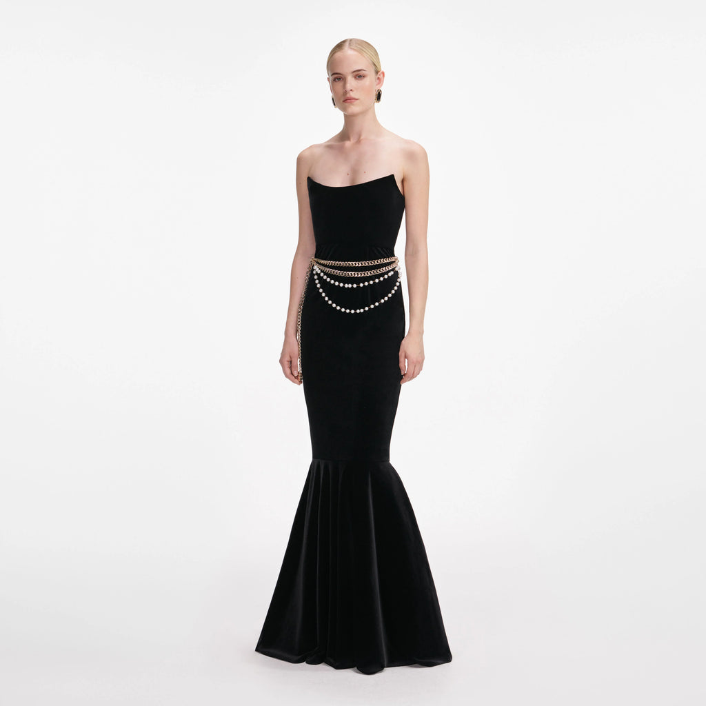 Black Velvet Chain Belt Maxi Dress