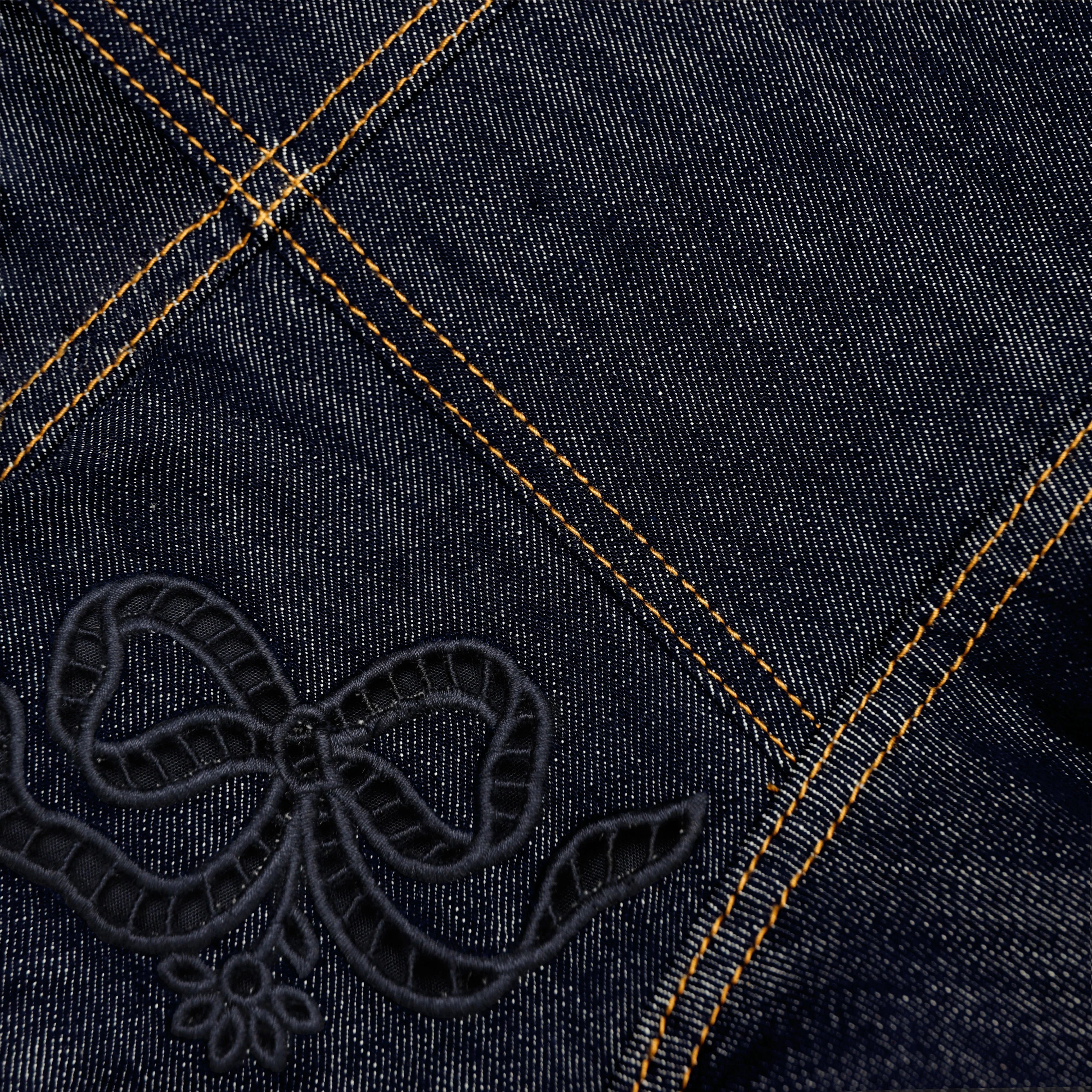 Indigo Denim Bow Embroidered Mini Dress