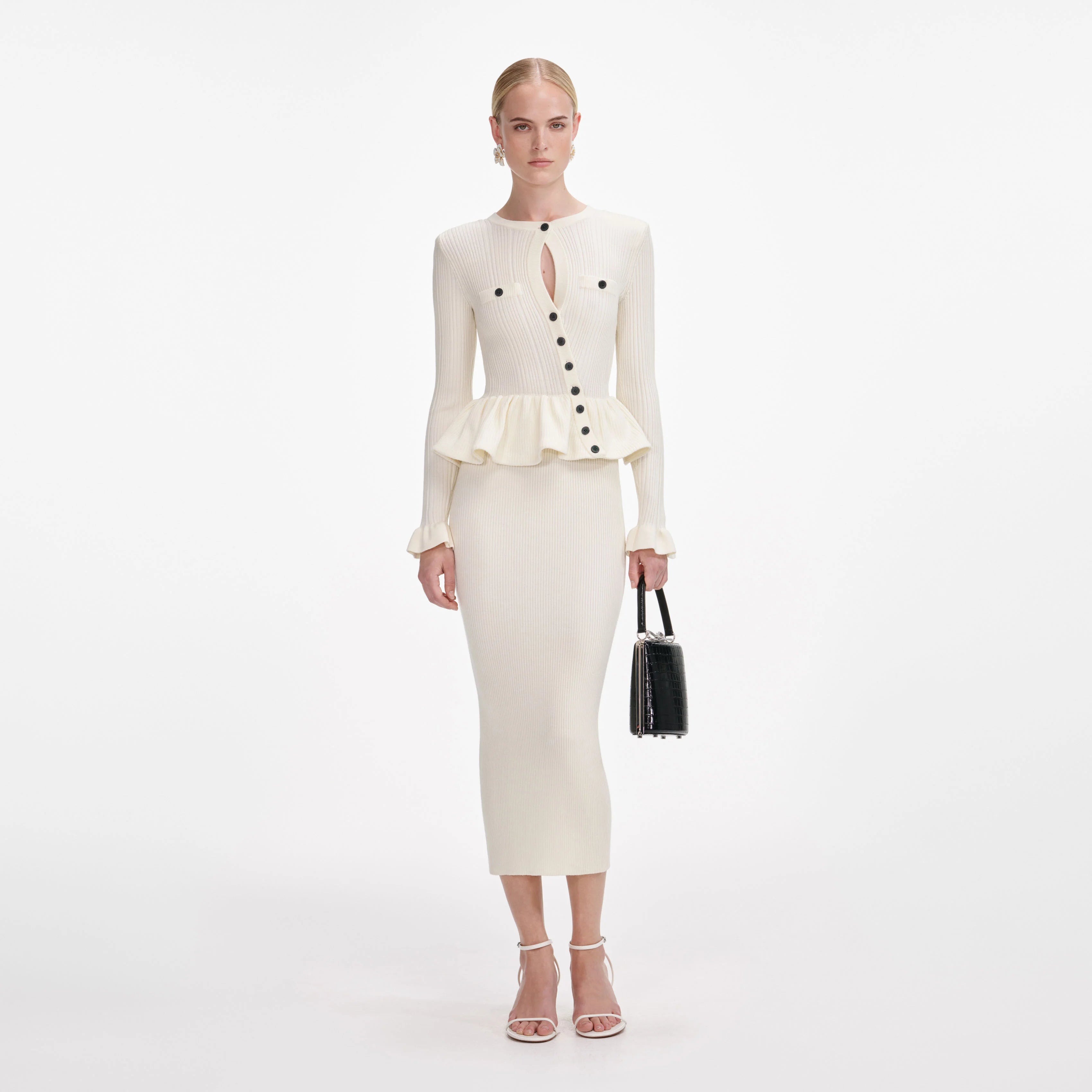 Cream Asymmetric Knit Midi Dress