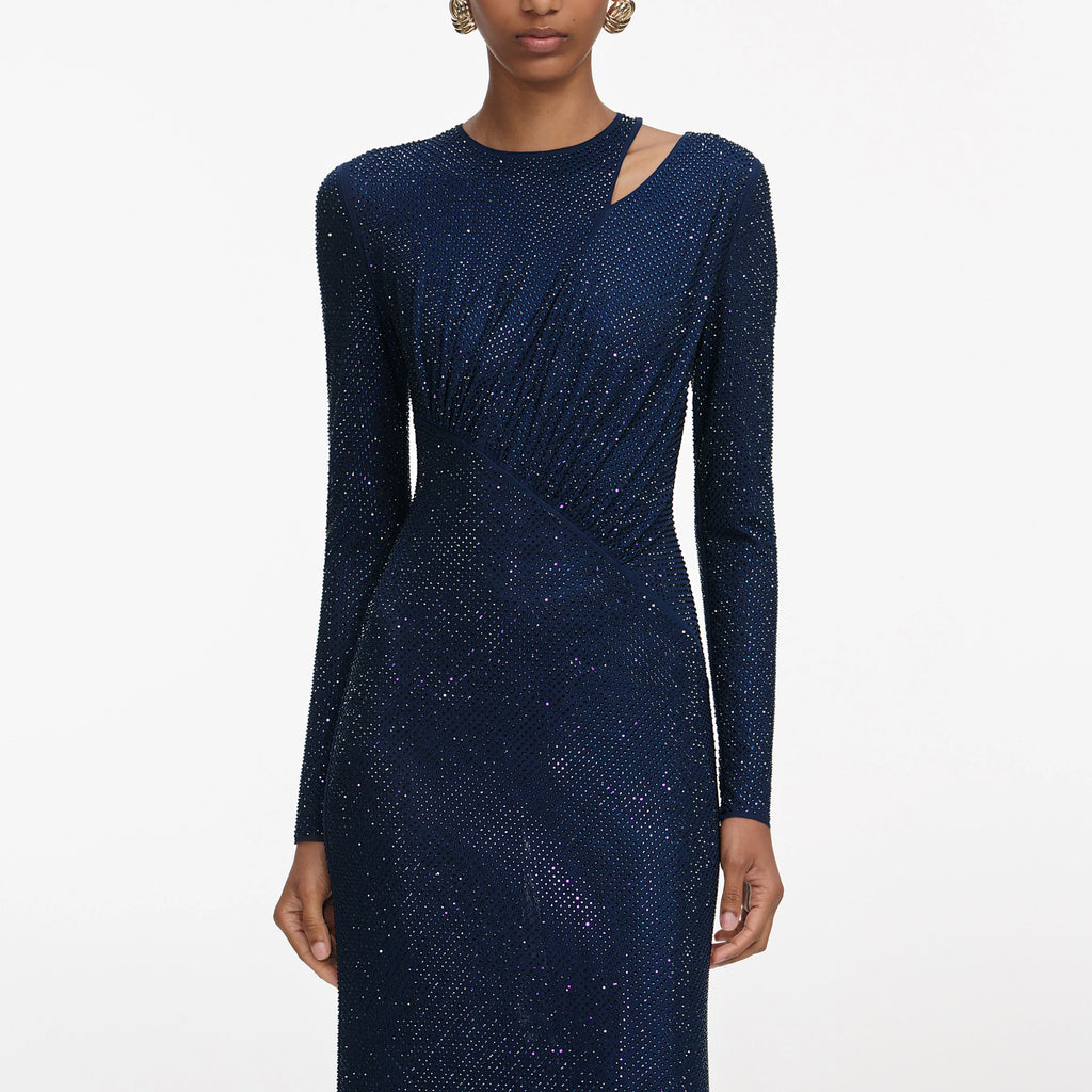 Navy Rhinestone Mesh Cut Out Maxi Dress