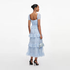 Blue Chiffon Short Sleeve Midi Dress