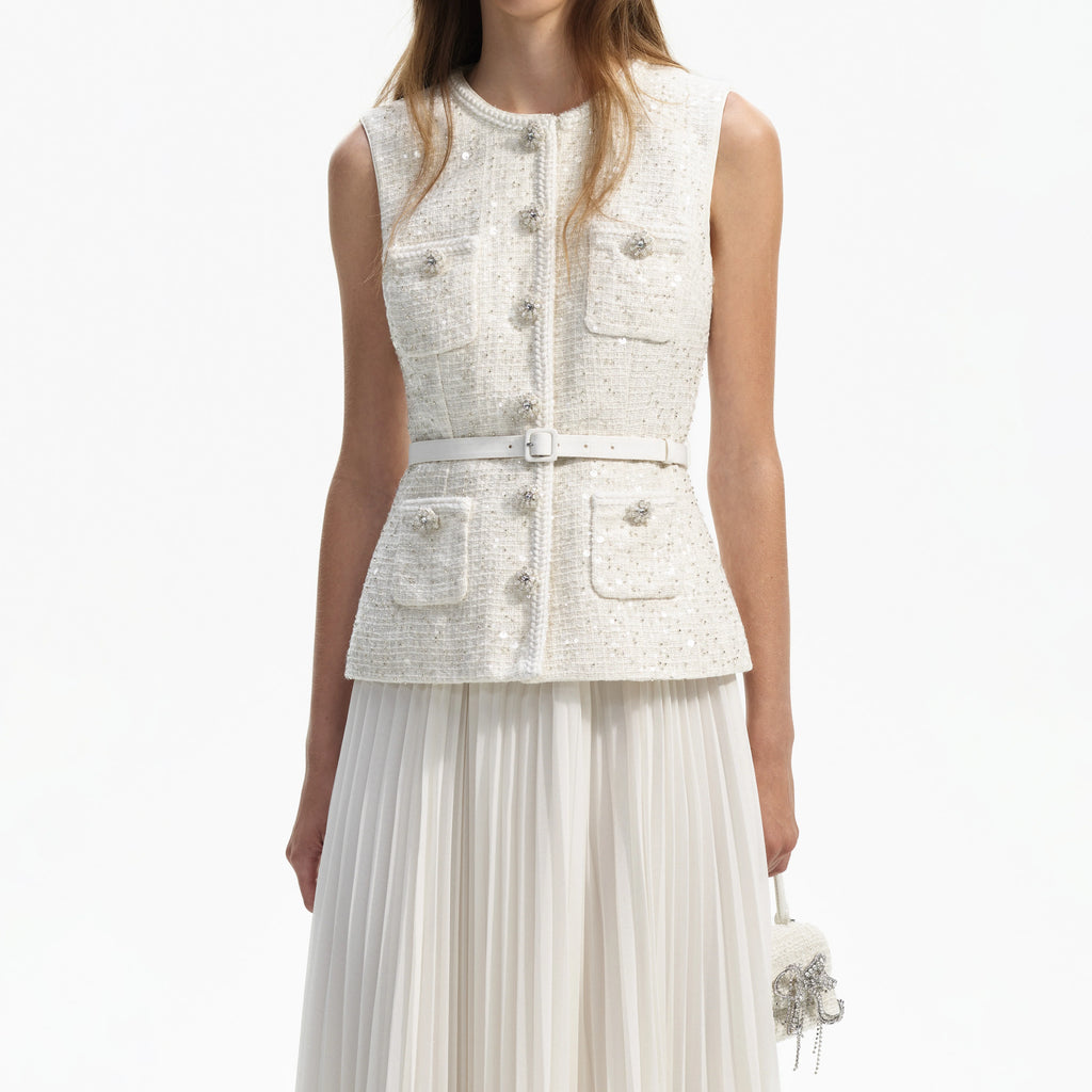 Cream Sequin Boucle Tailored Midi Dress