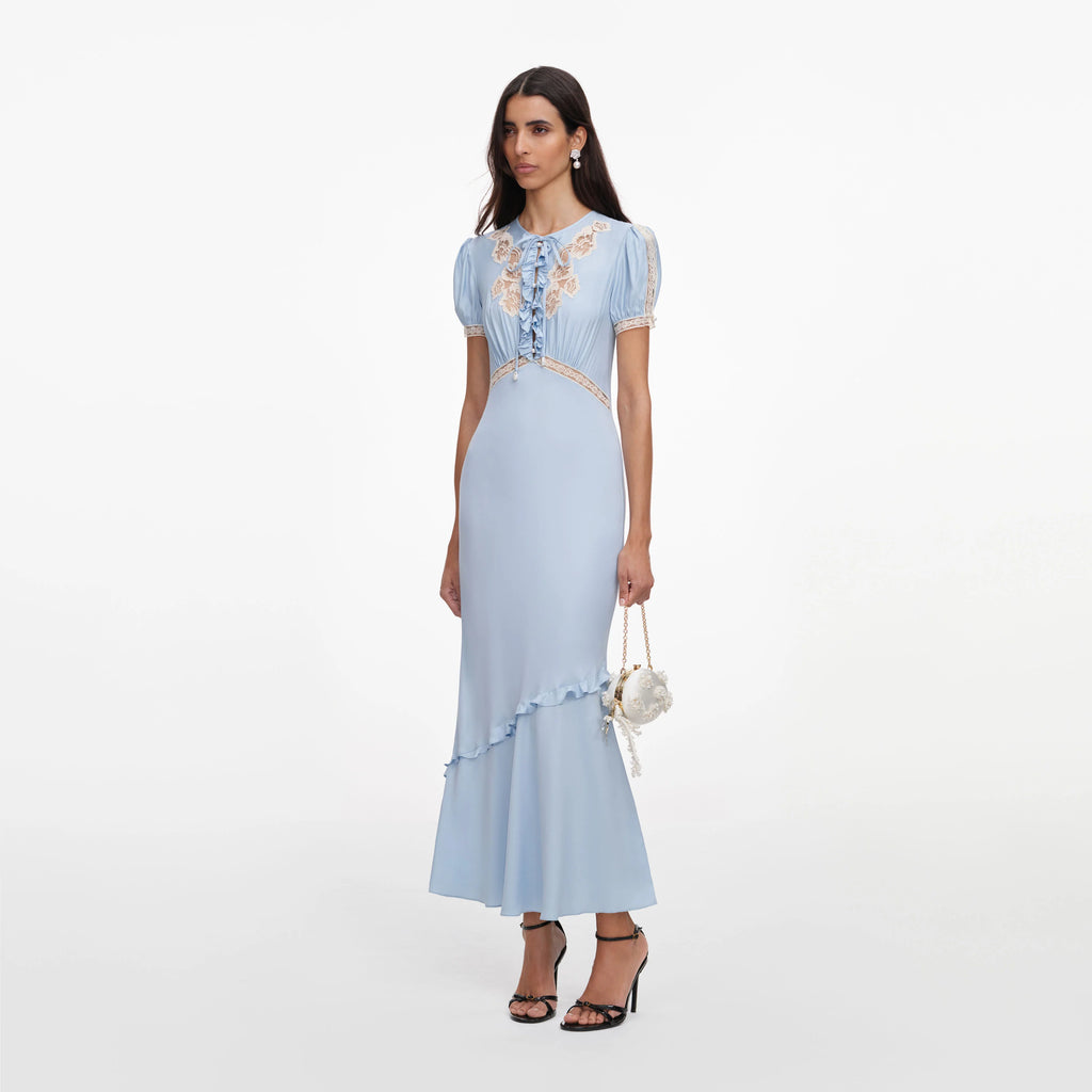 Blue Viscose Lace Midi Dress