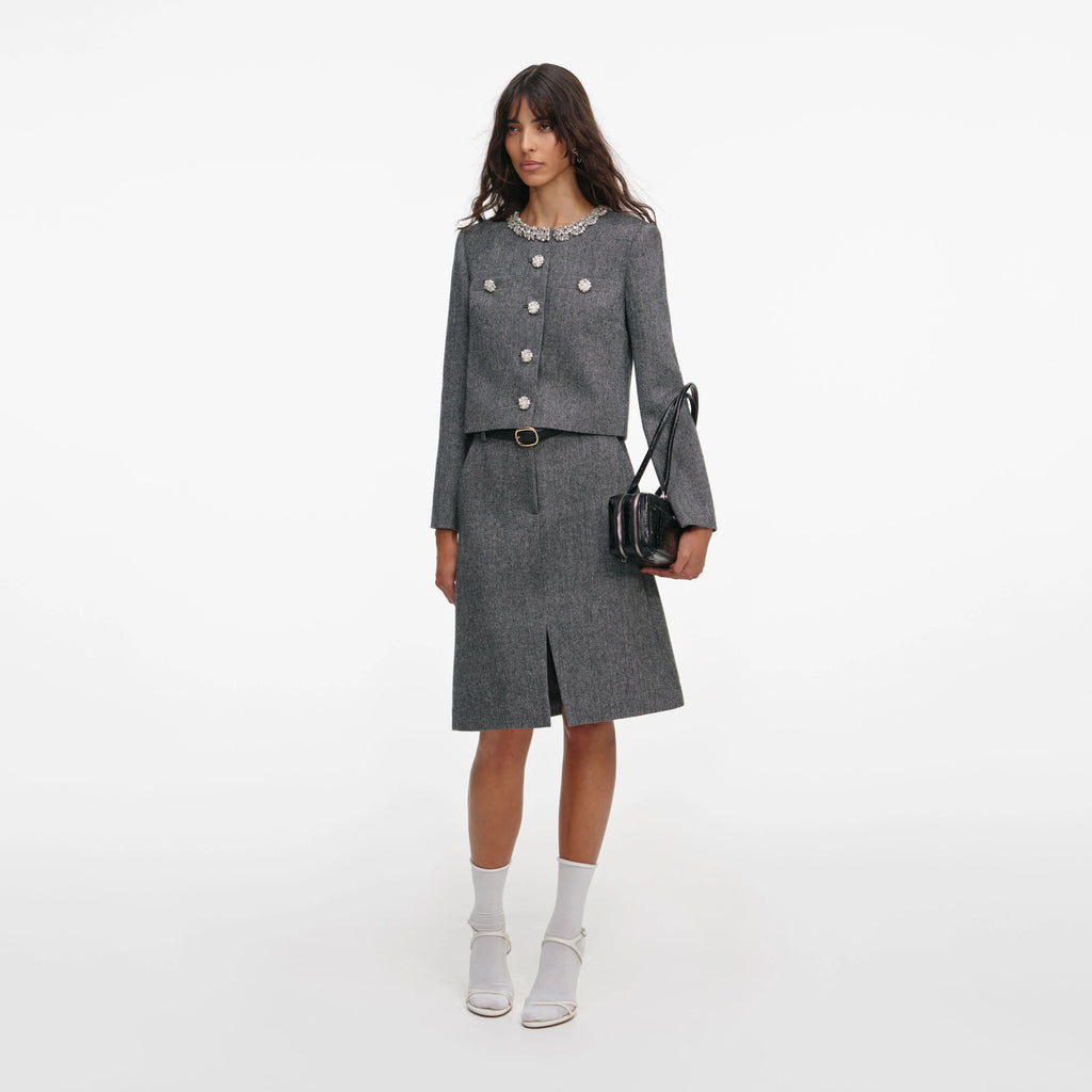 Grey Herringbone Crystal Trim Jacket