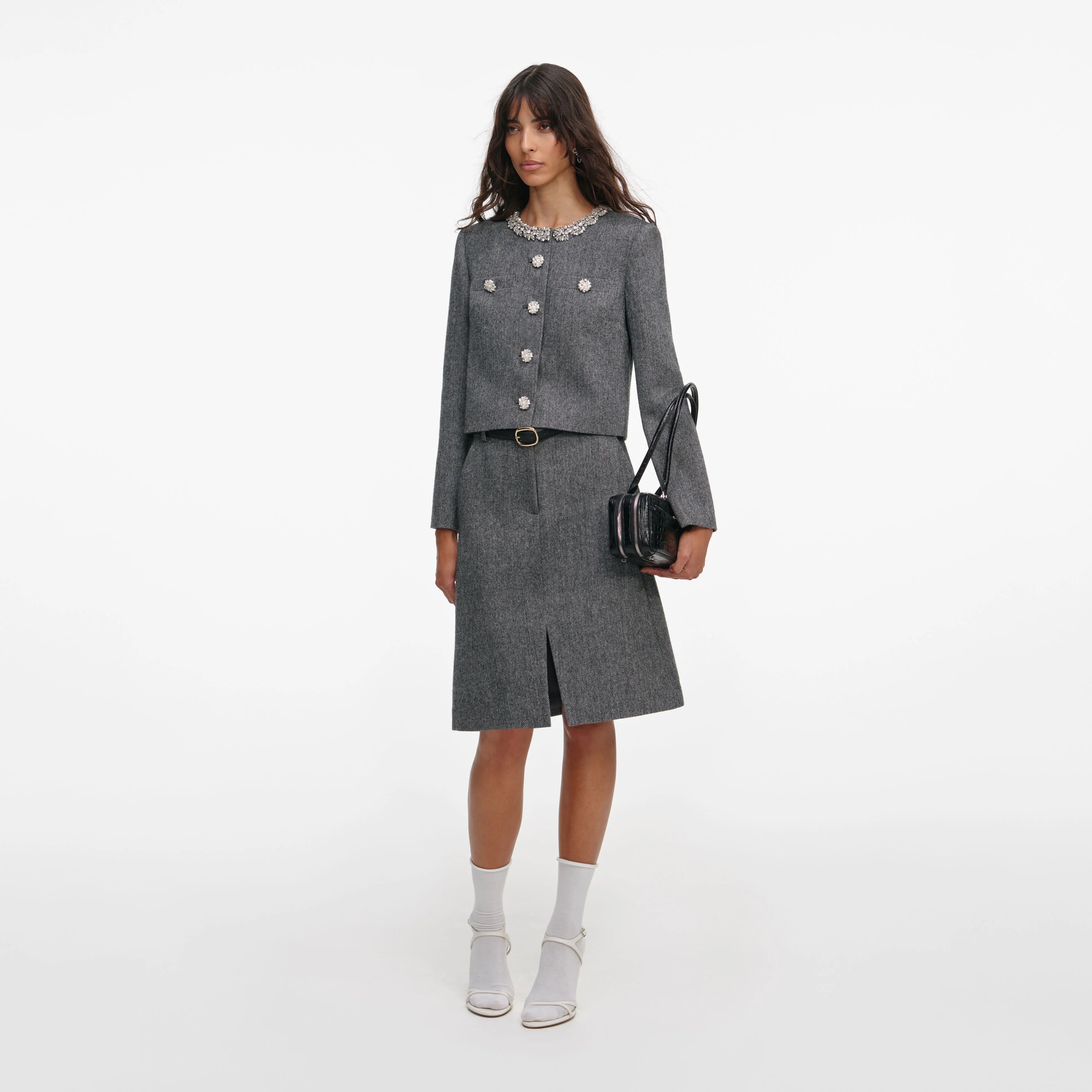 Grey Herringbone Crystal Trim Jacket
