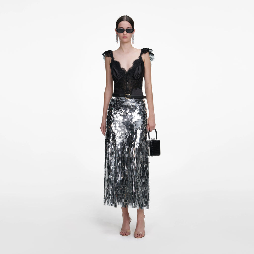 Silver Gradient Sequin Midi Skirt