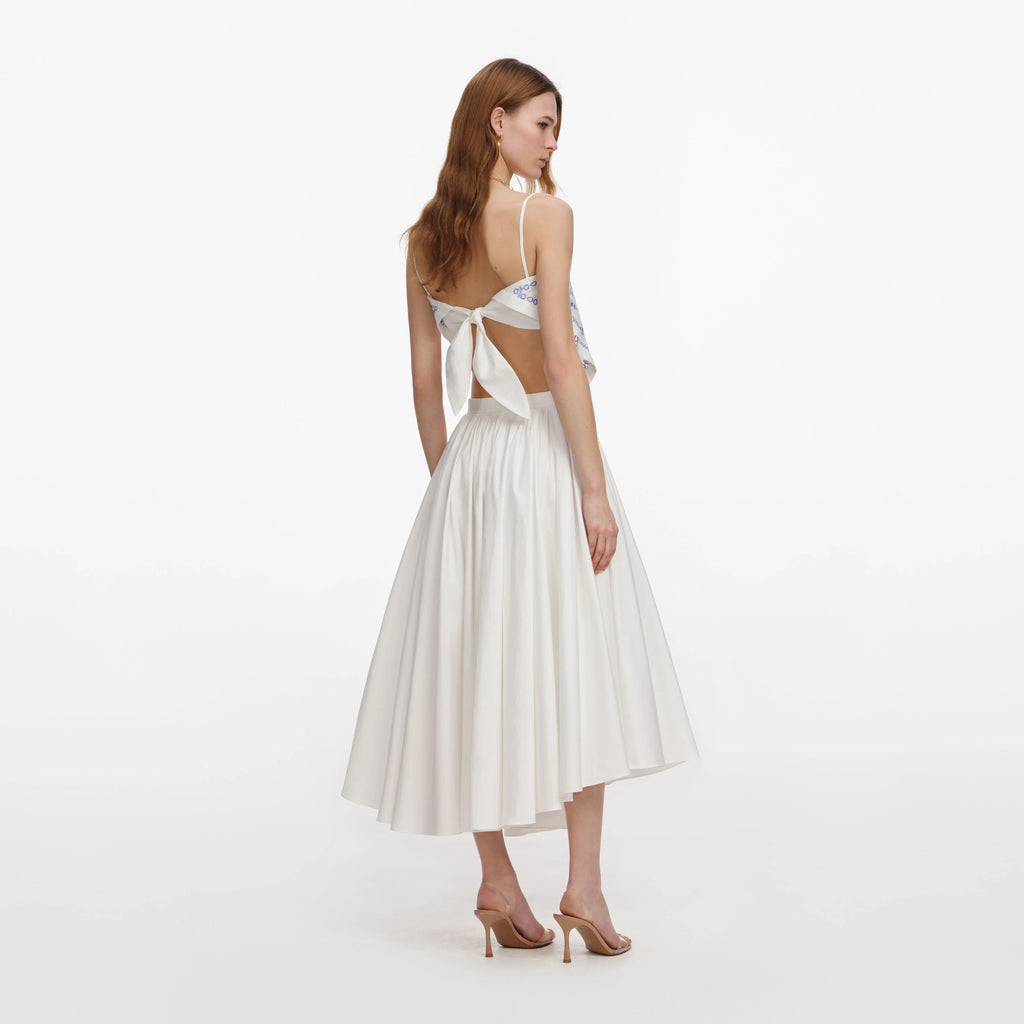 White And Blue Embroidered Linen Top