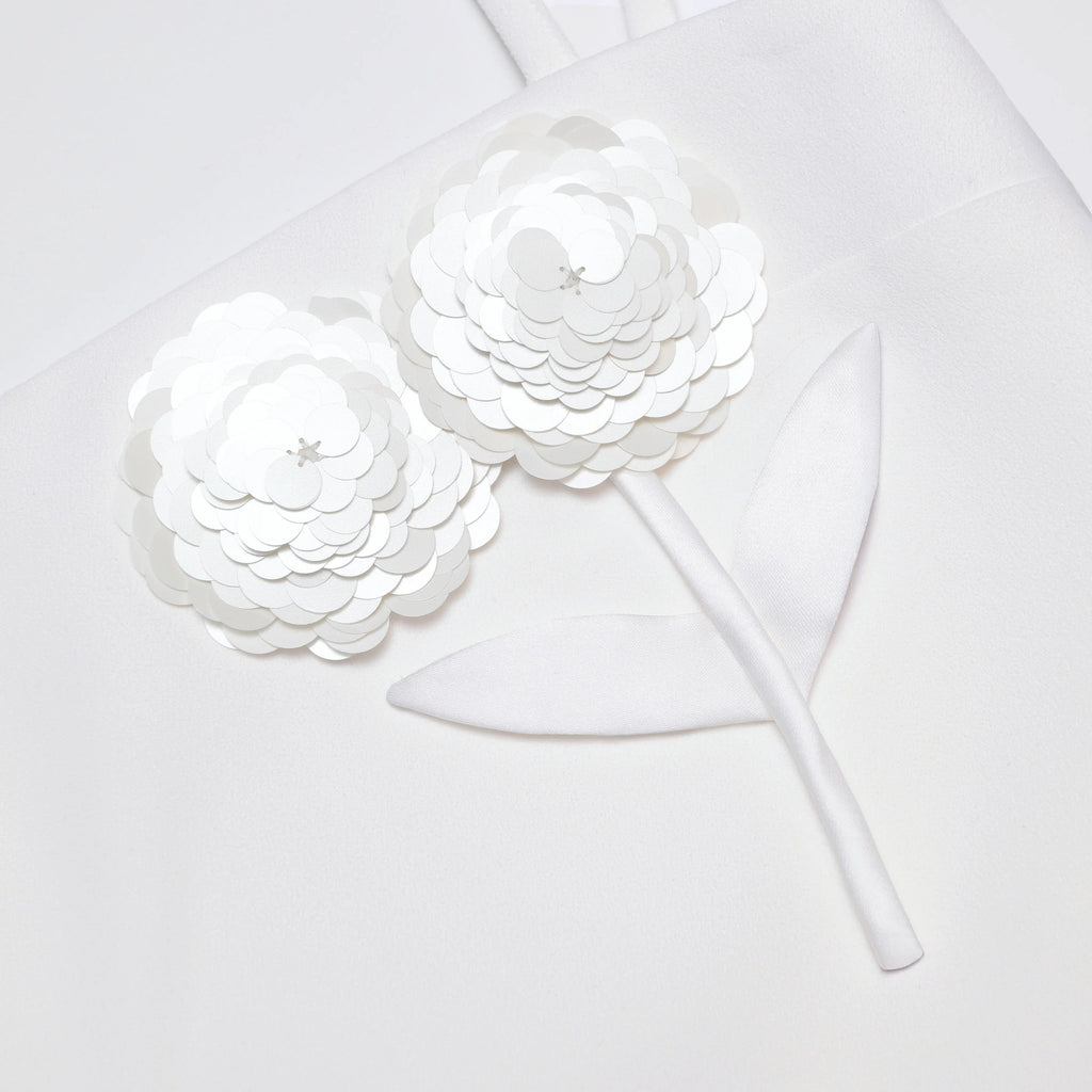 White Crepe 3D Sequin Flower Mini Dress