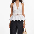 White Linen Blend Peplum Top