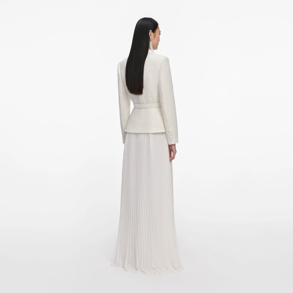 Cream Tailored Boucle Chiffon Maxi Dress