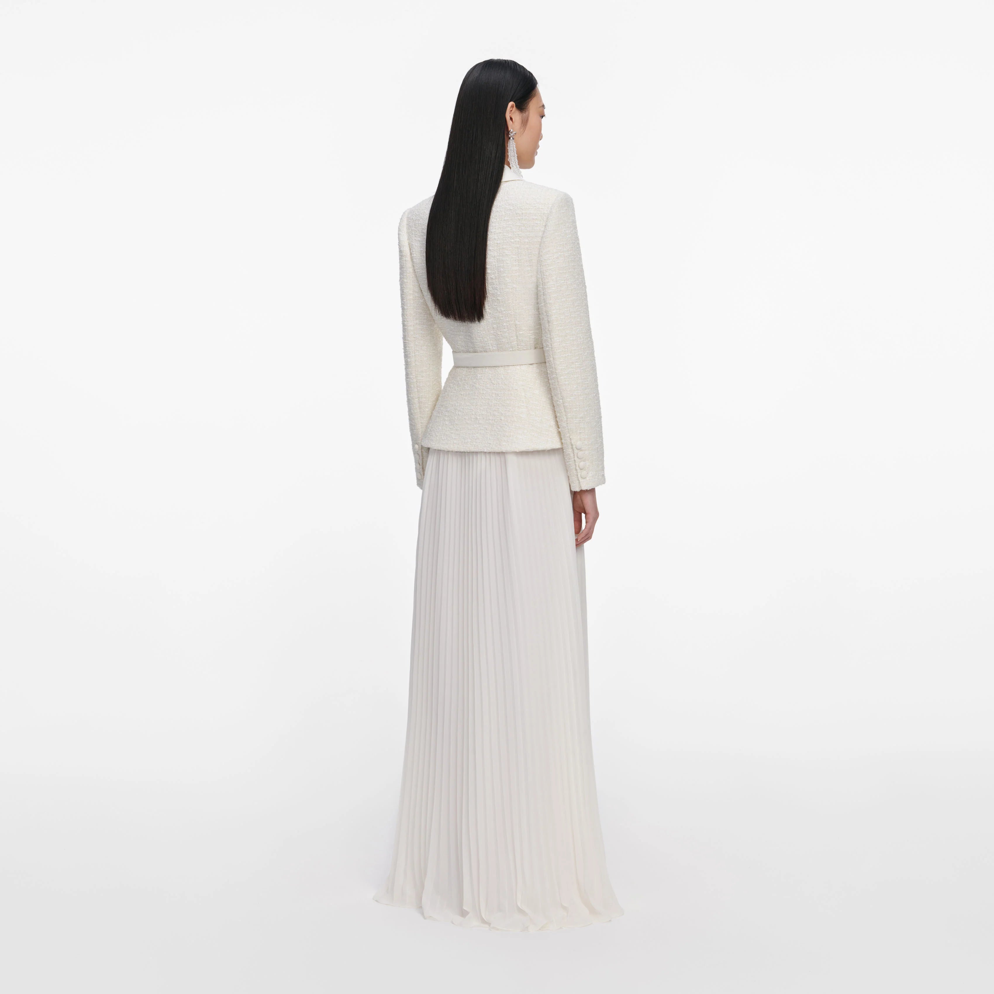 Cream Tailored Boucle Chiffon Maxi Dress