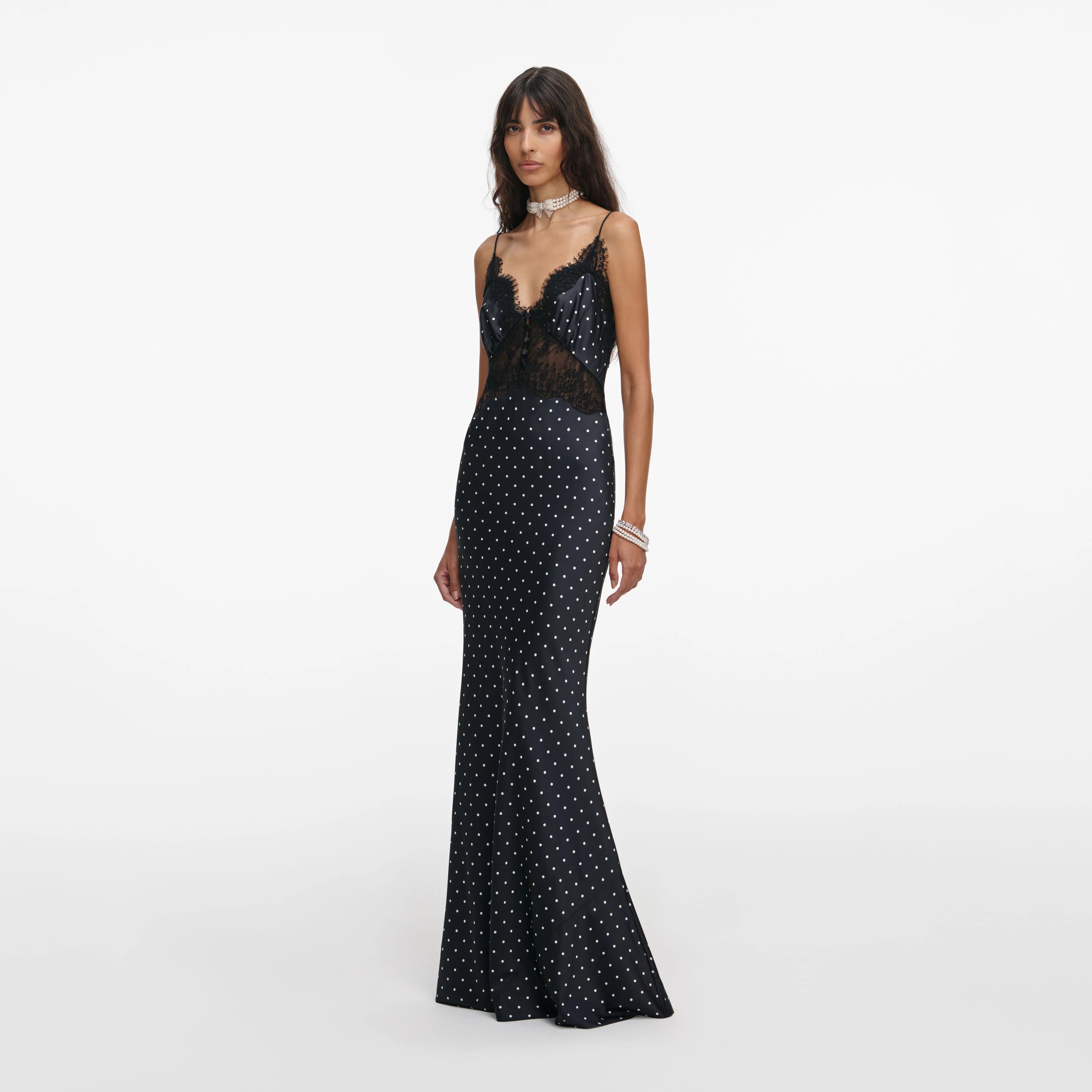 Polka Dot Satin Lace Maxi Dress
