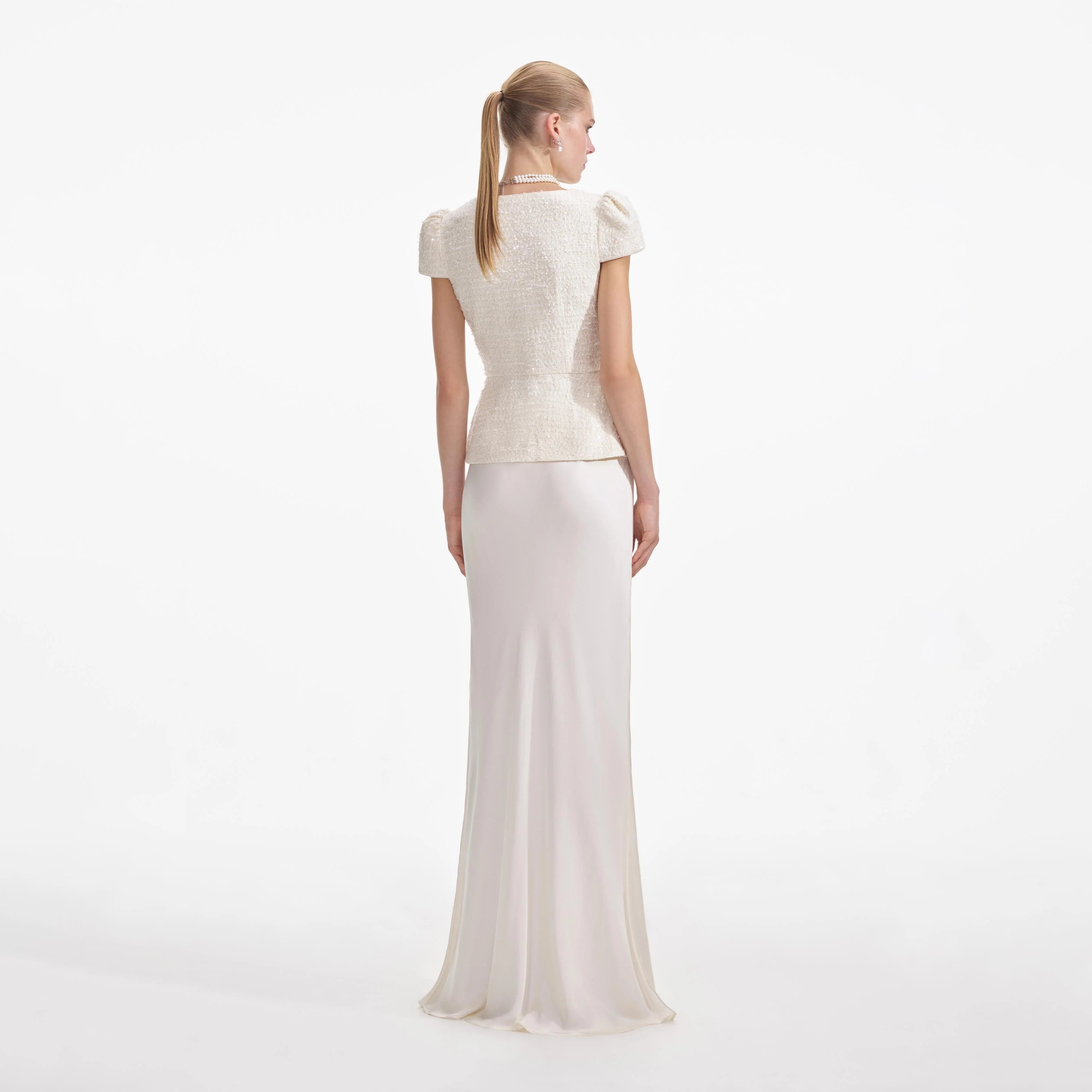 Cream Boucle Bow Detail Maxi Dress