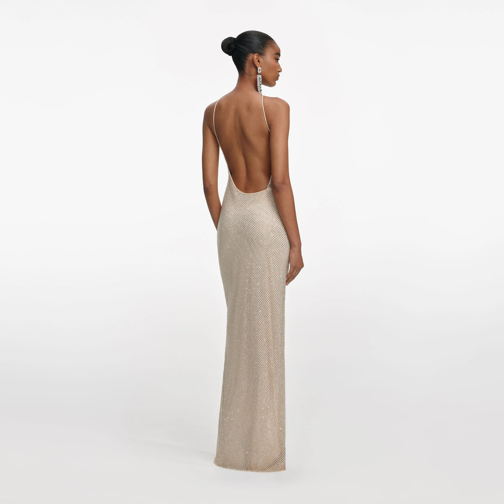 Champagne Rhinestone Lace Trim Maxi Dress