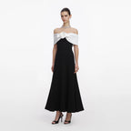 Black Crepe Flower Midi Dress
