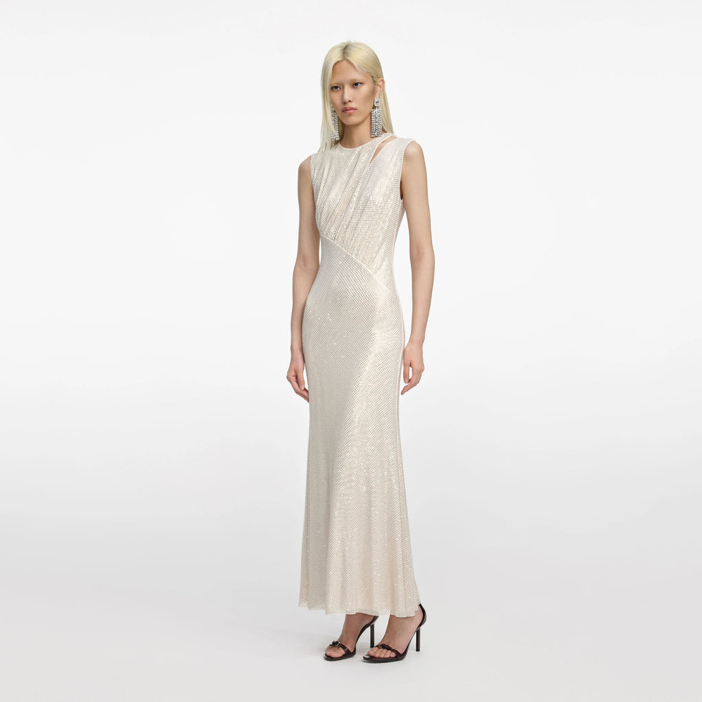 Champagne Rhinestone Cut Out Midi Dress