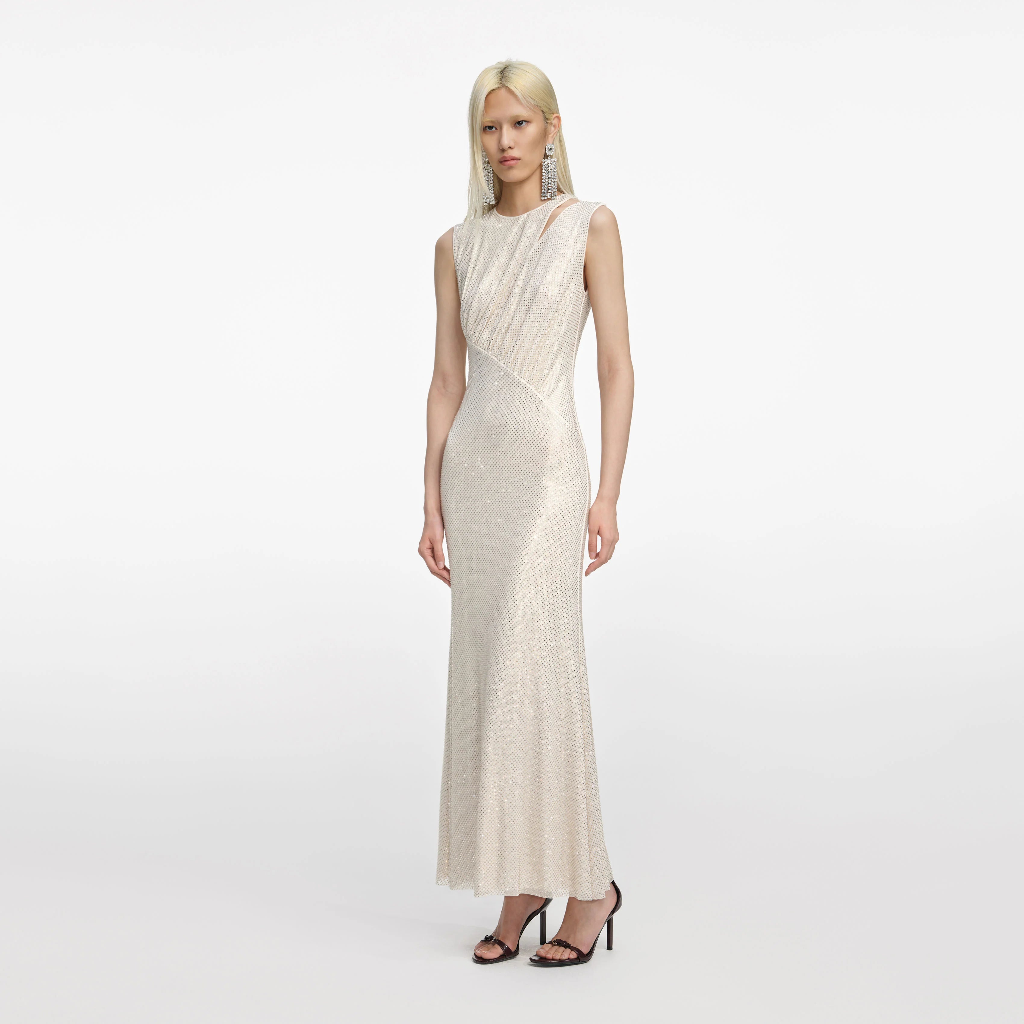 Champagne Rhinestone Cut Out Midi Dress