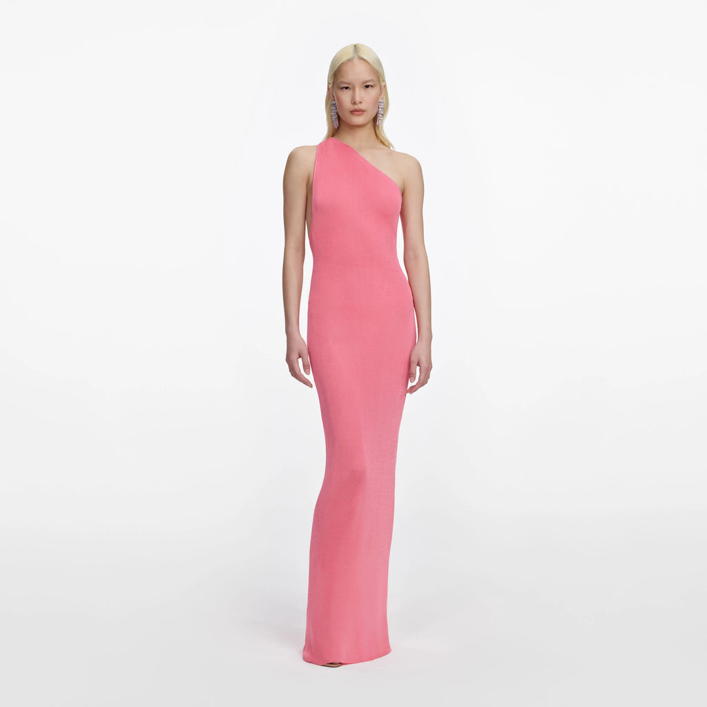 Pink Viscose Knit One Shoulder Maxi Dress