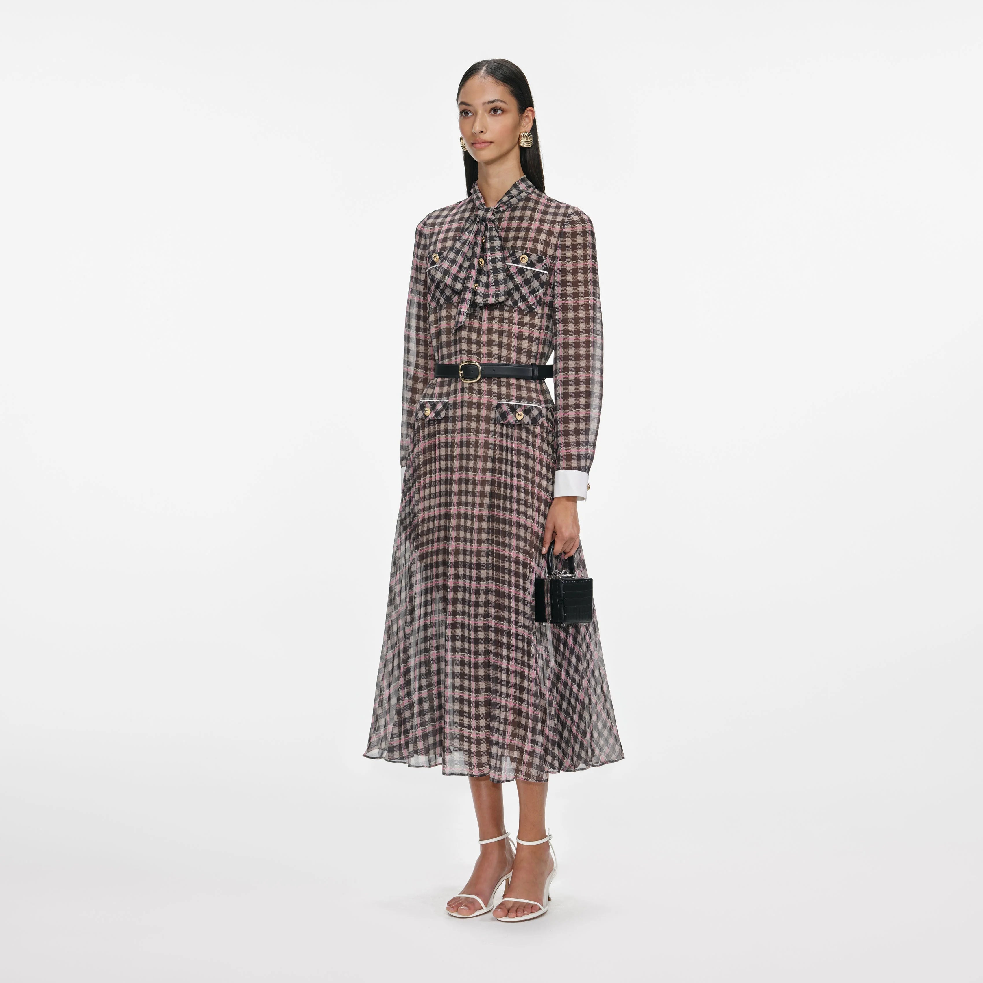 Brown Check Chiffon Midi Dress