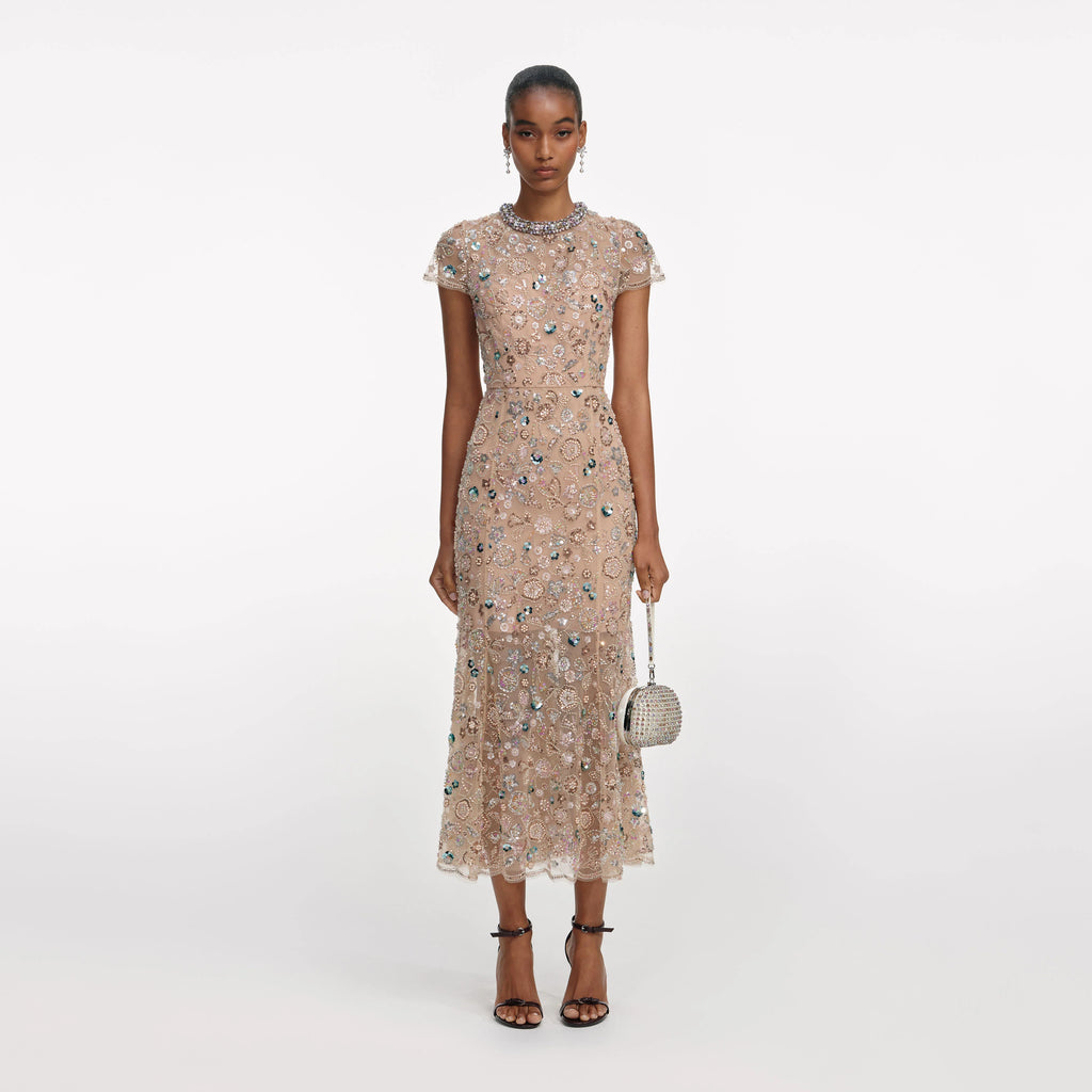 Champagne Sequin Embroidered Midi Dress