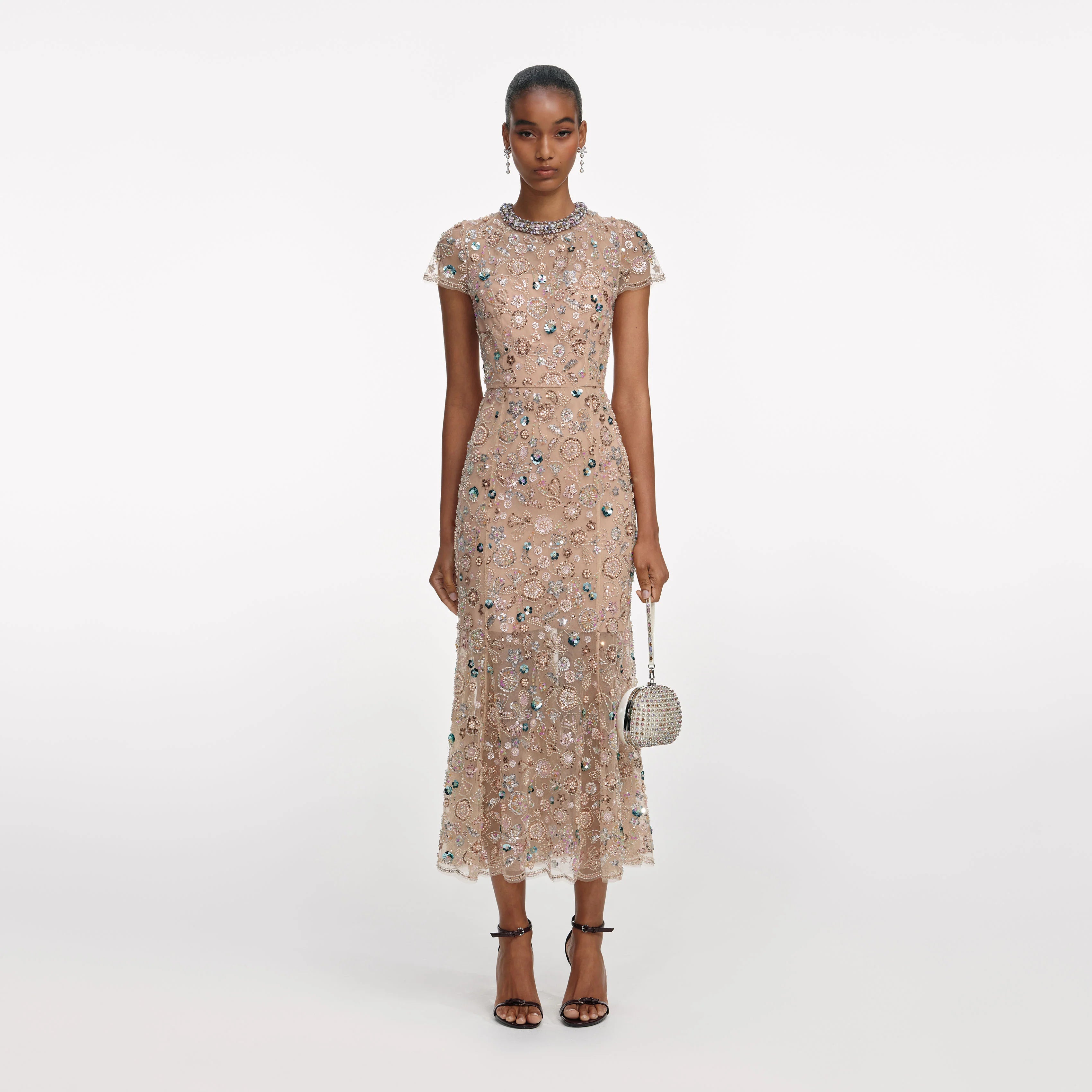 Champagne Sequin Embroidered Midi Dress