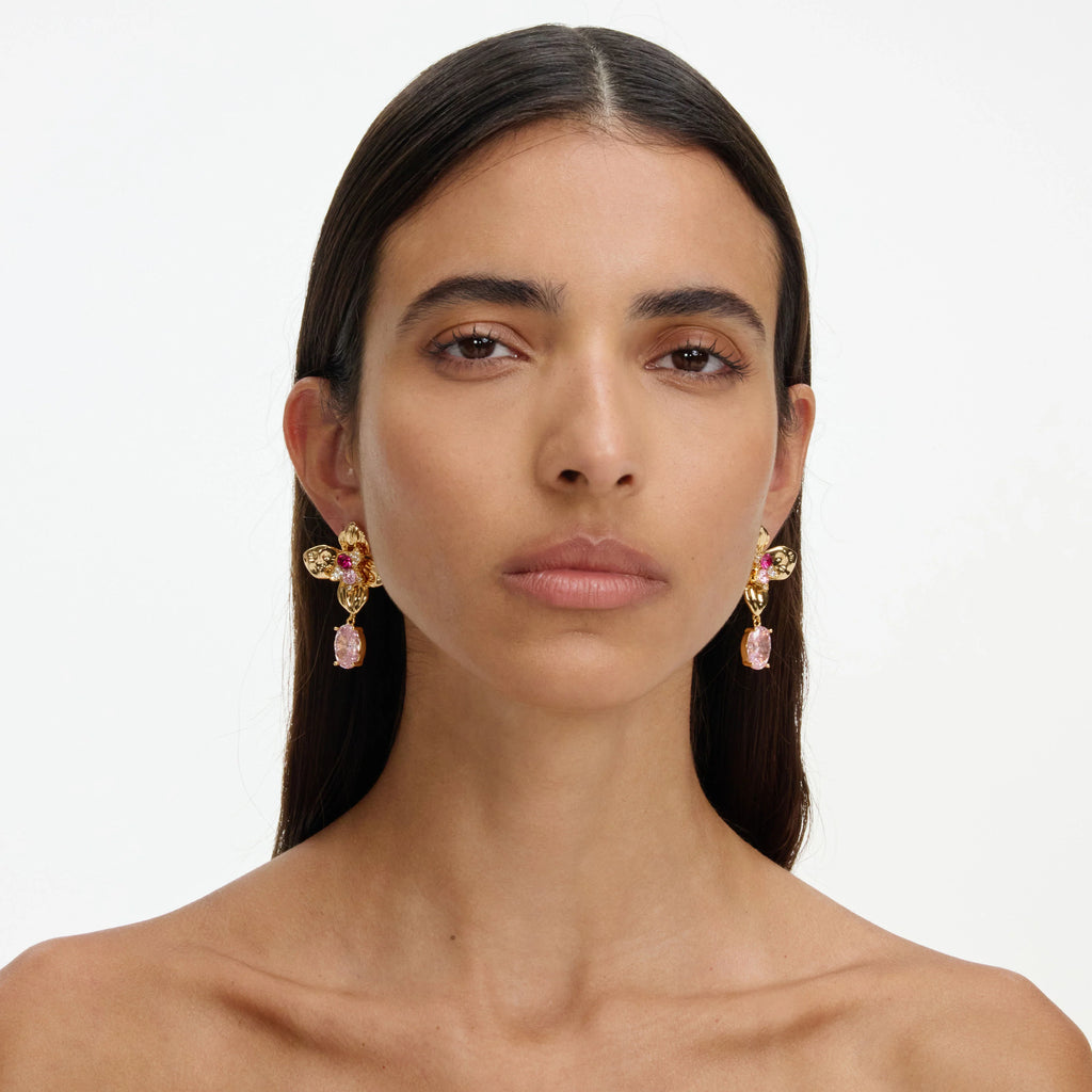 Gold Crystal Embellished Flower Earrings