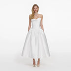 White Taffeta Strapless Midi Dress