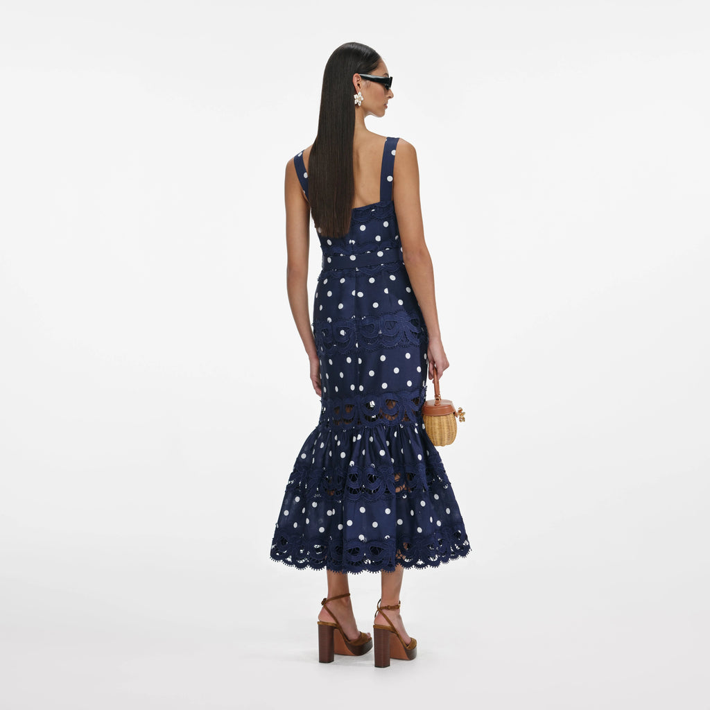 Navy Polka Dot Linen Midi Dress