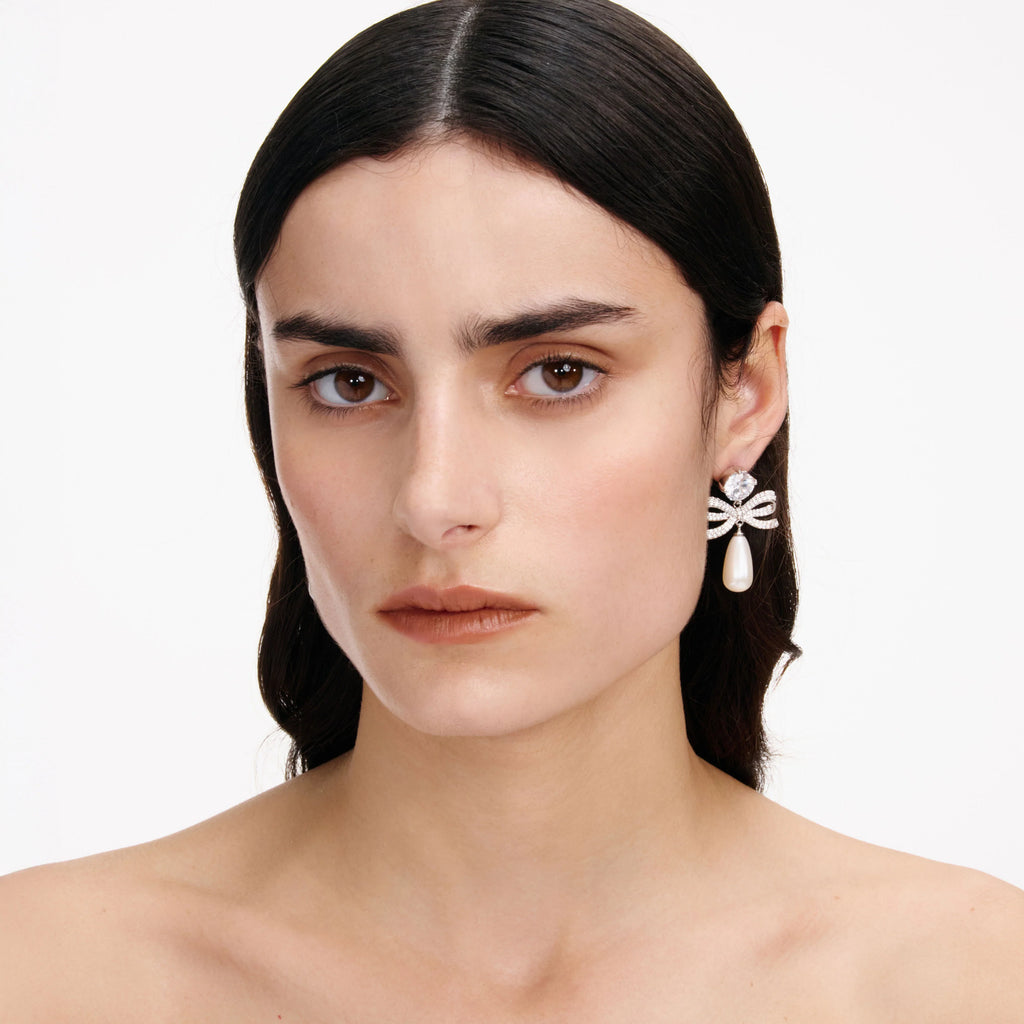 Crystal Bow Pearl Tiered Earrings