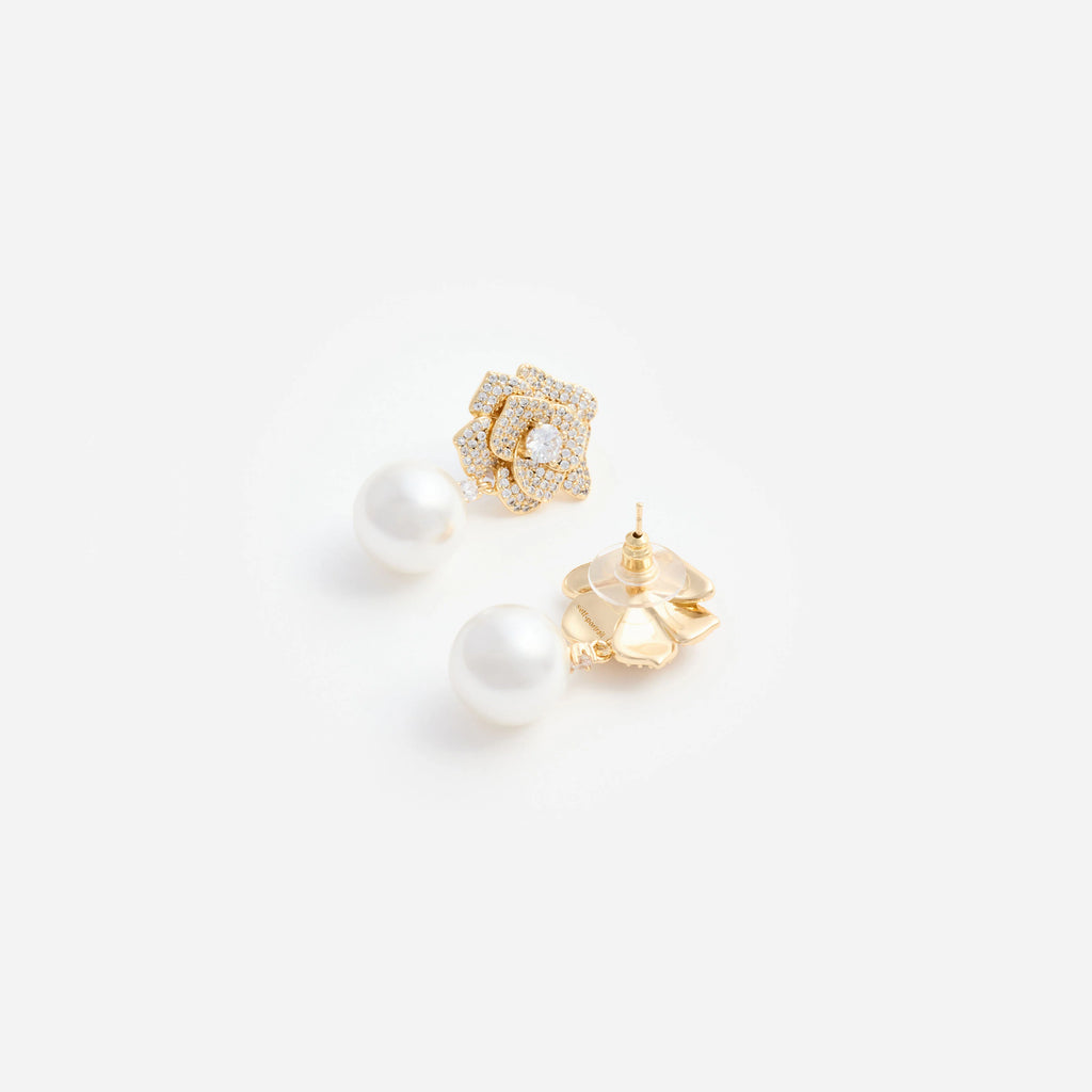 Mini Gold Crystal Flower Pearl Earrings