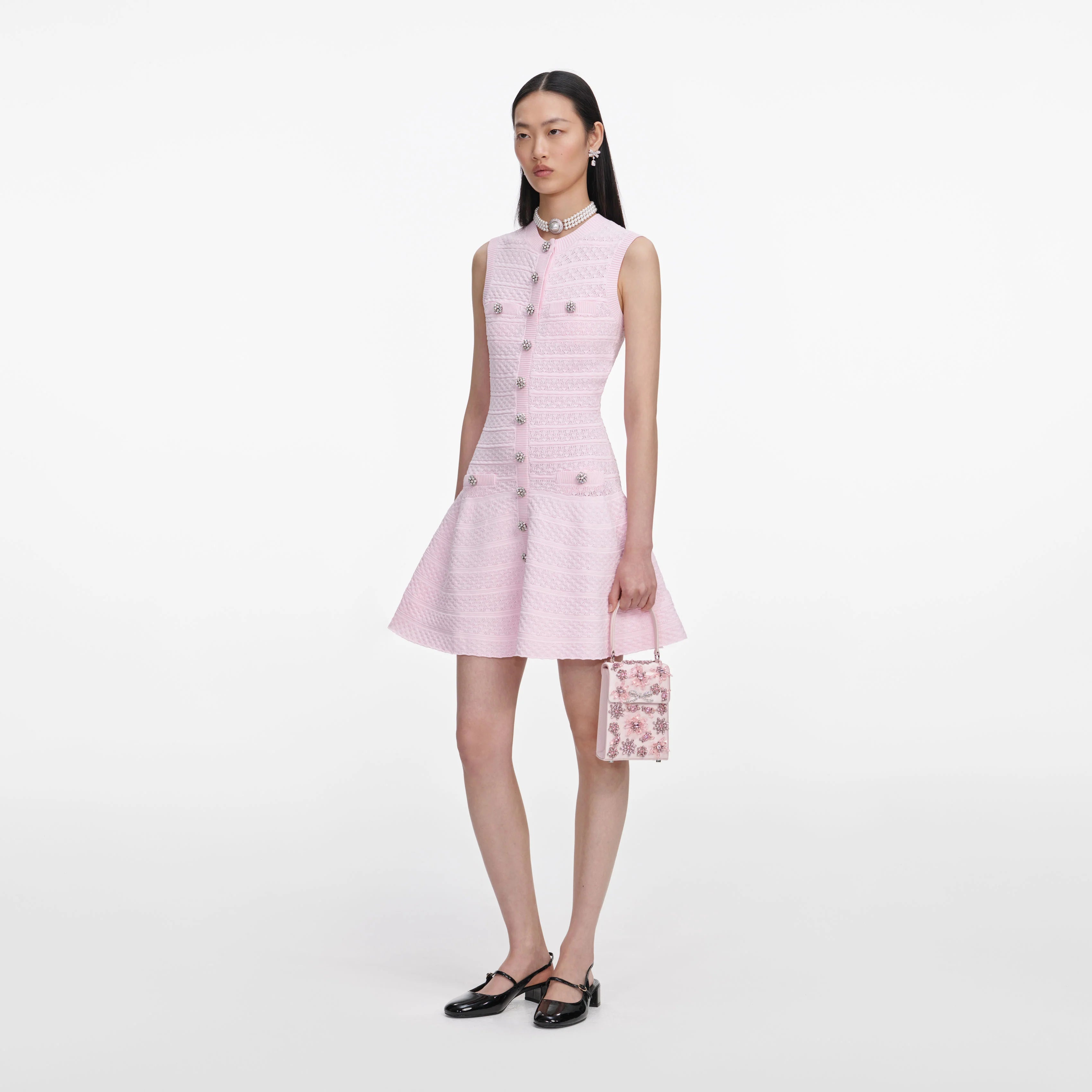 Pink Pointelle Diamante Knit Mini Dress