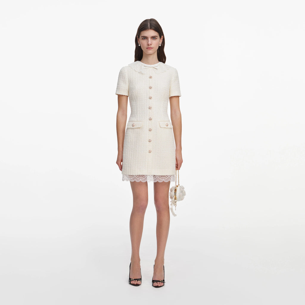 Cream Boucle Lace Trim Tailored Mini Dress