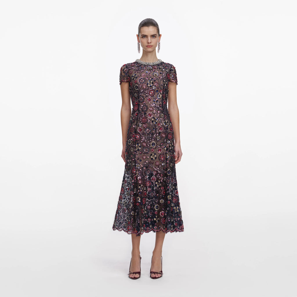 Navy Floral Sequin Midi Dress