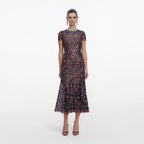 Navy Floral Sequin Midi Dress