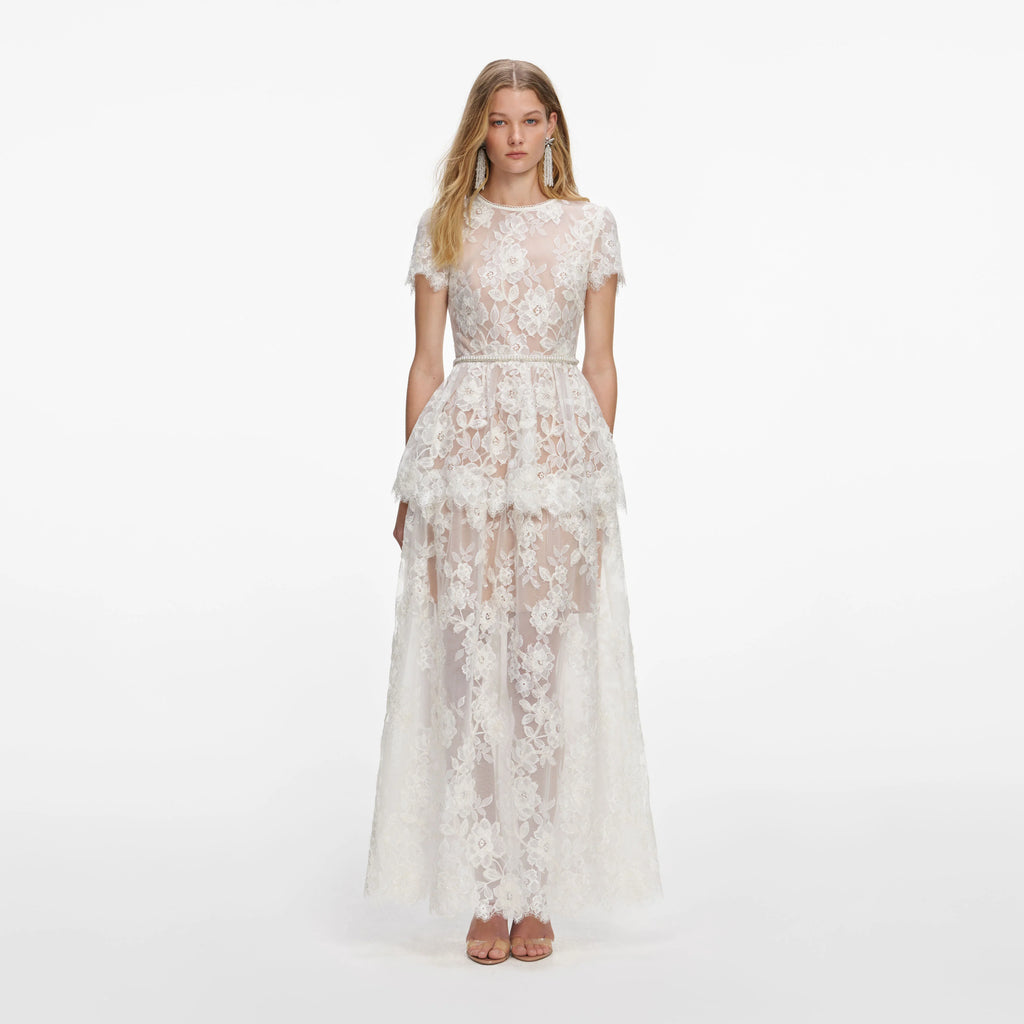 White Sequin Lace Tiered Maxi Dress